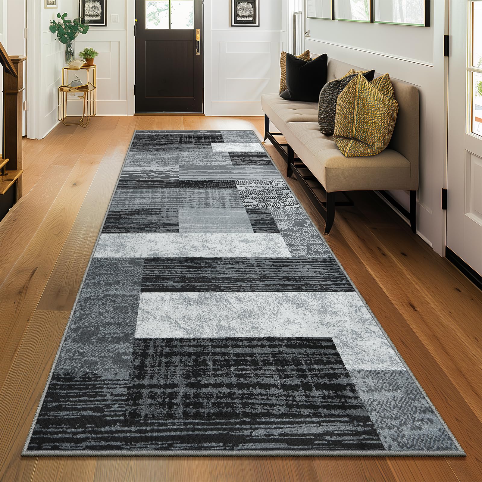 Indoor Runner Rug, Washable Runner Rug with Rubber Backing, Modern Geometric Patchwork Aesthetic Carpet for Bedroom, Living Room, Hallway, Entryway,