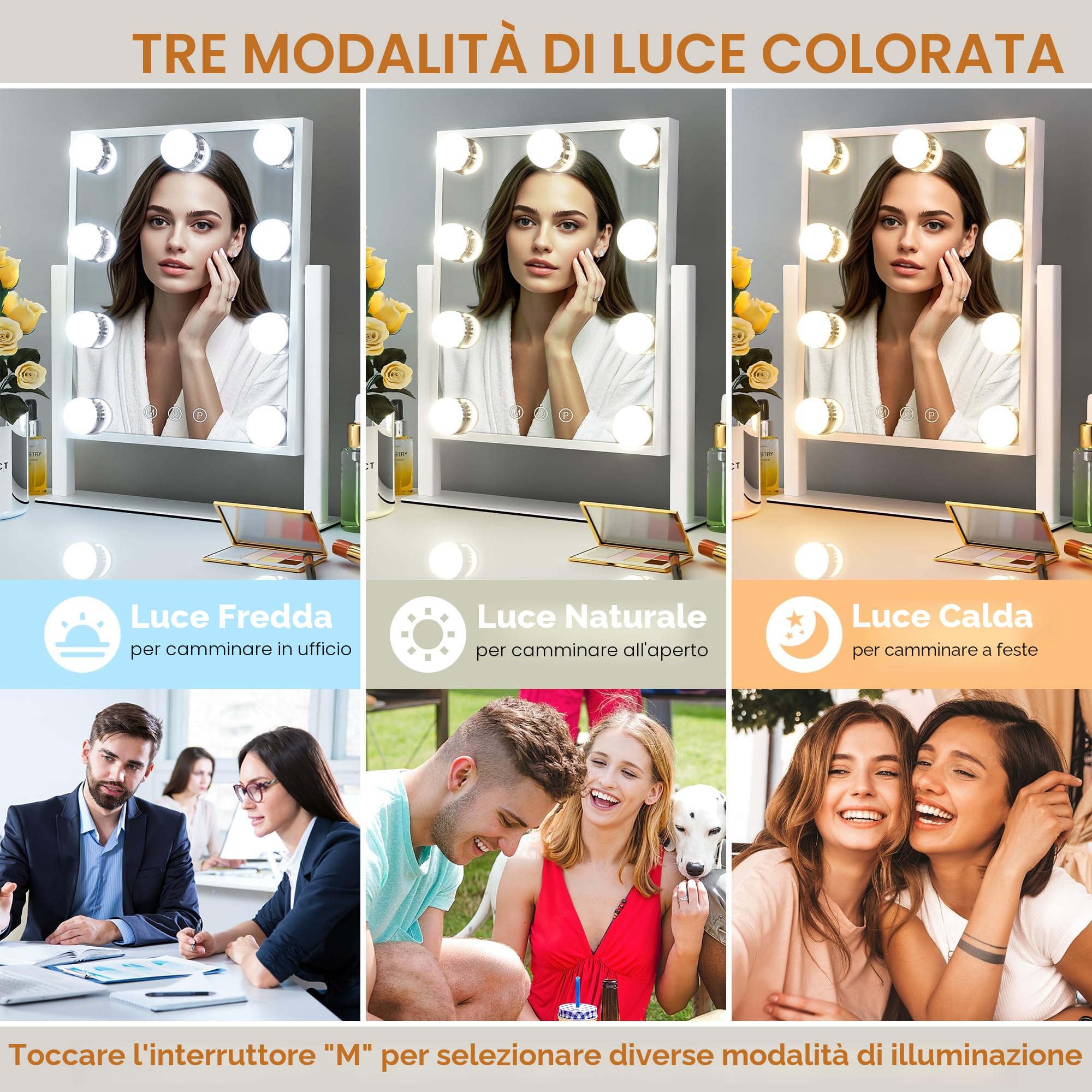 LuxeVue Hollywood Specchio da trucco con luci, specchio illuminato con luce a 3 colori e 9 lampadine a LED dimmerabili, schermo touch intelligente e rotazione di 360 gradi