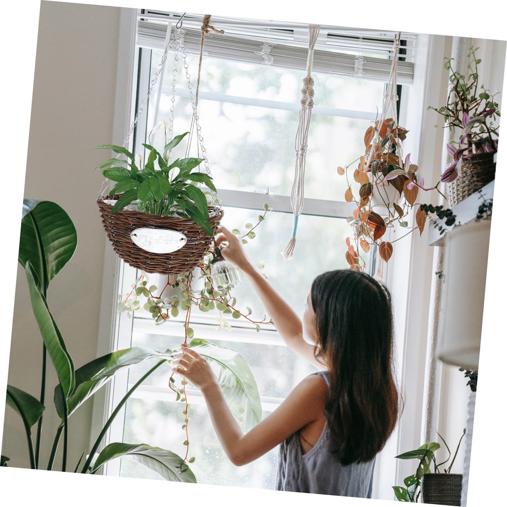 Vasi Sospesi in Rattan e Metallo, Set 2 Cestini per Piante da Appendere 25 CM, per Camere da Letto e Balconi Esterni
