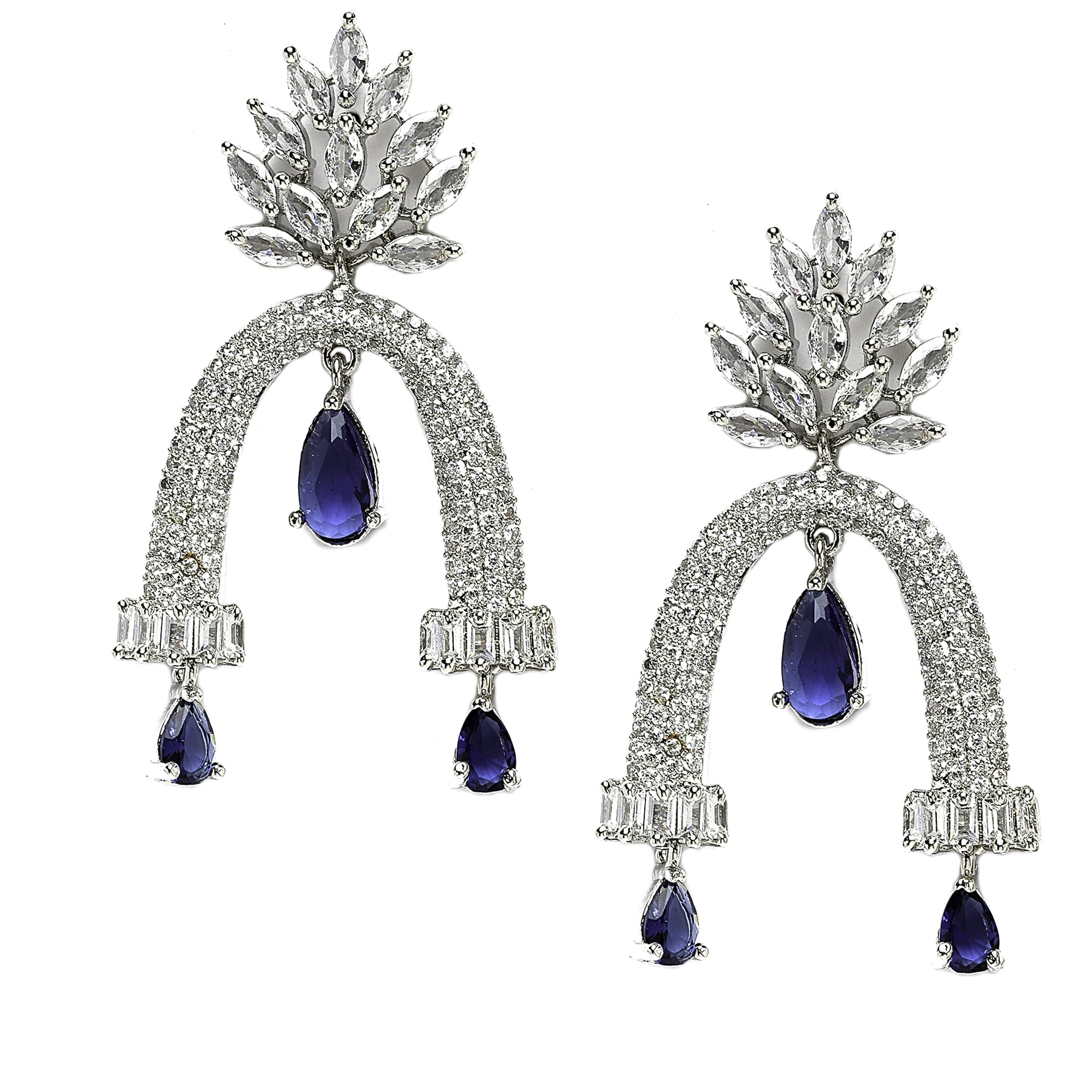 ZENEME Rhodium-Plated American Diamond Studded Quirky Handcrafted Drop Earrings For Girls and Women