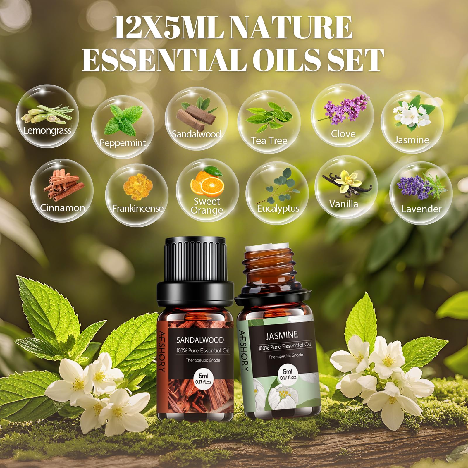 AESHORY 500ml Aroma Diffuser Mit 12 x 5ml Ätherische Öle, Ultraschall Aromatherapie Diffuser Luftbefeuchter, 7 Farbigem LED Licht, 4 Timer, Fernbedienung