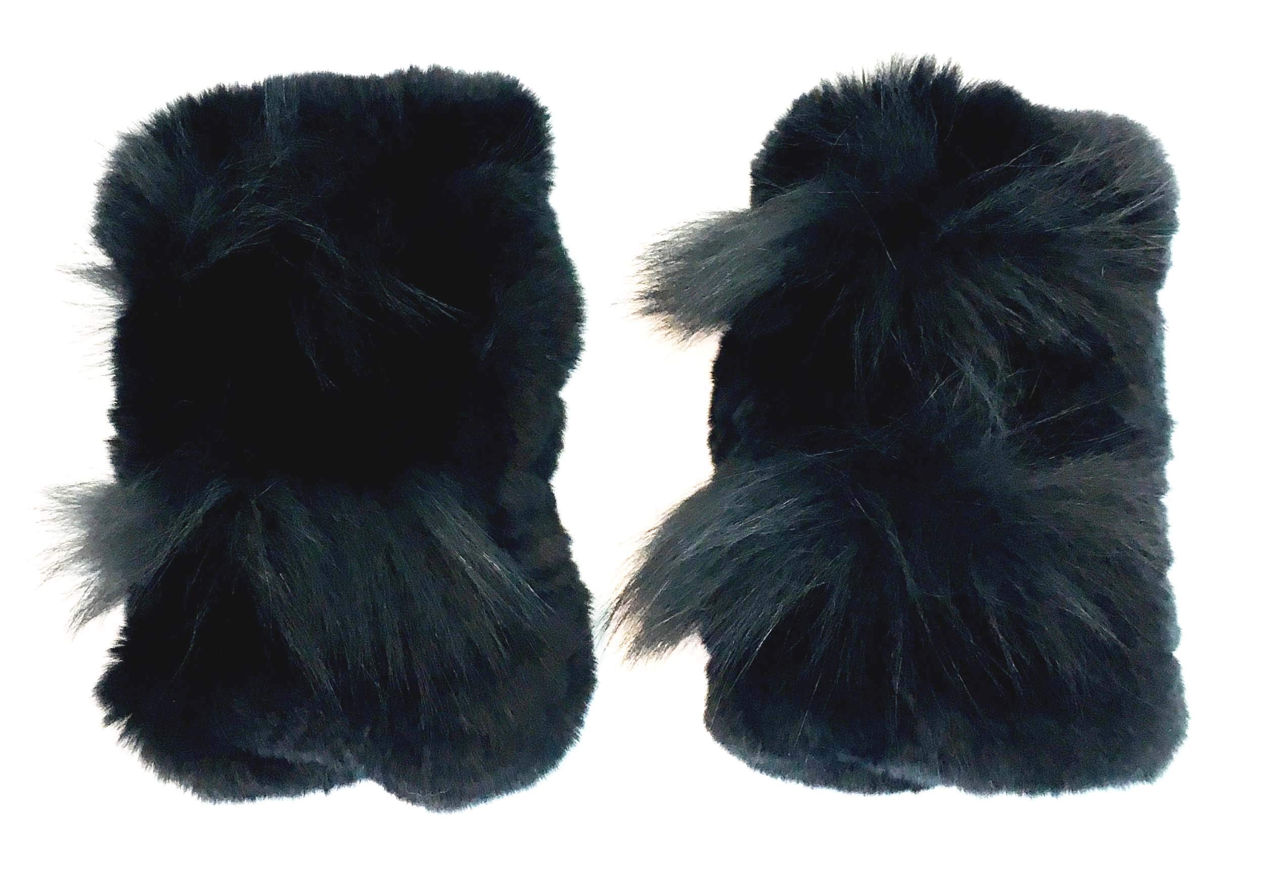 surell Black Rex Rabbit Fur Textile Knit Fingerless Gloves with Fox Detail - Winter Texting Mittens - Luxury Cold Weather Clothing