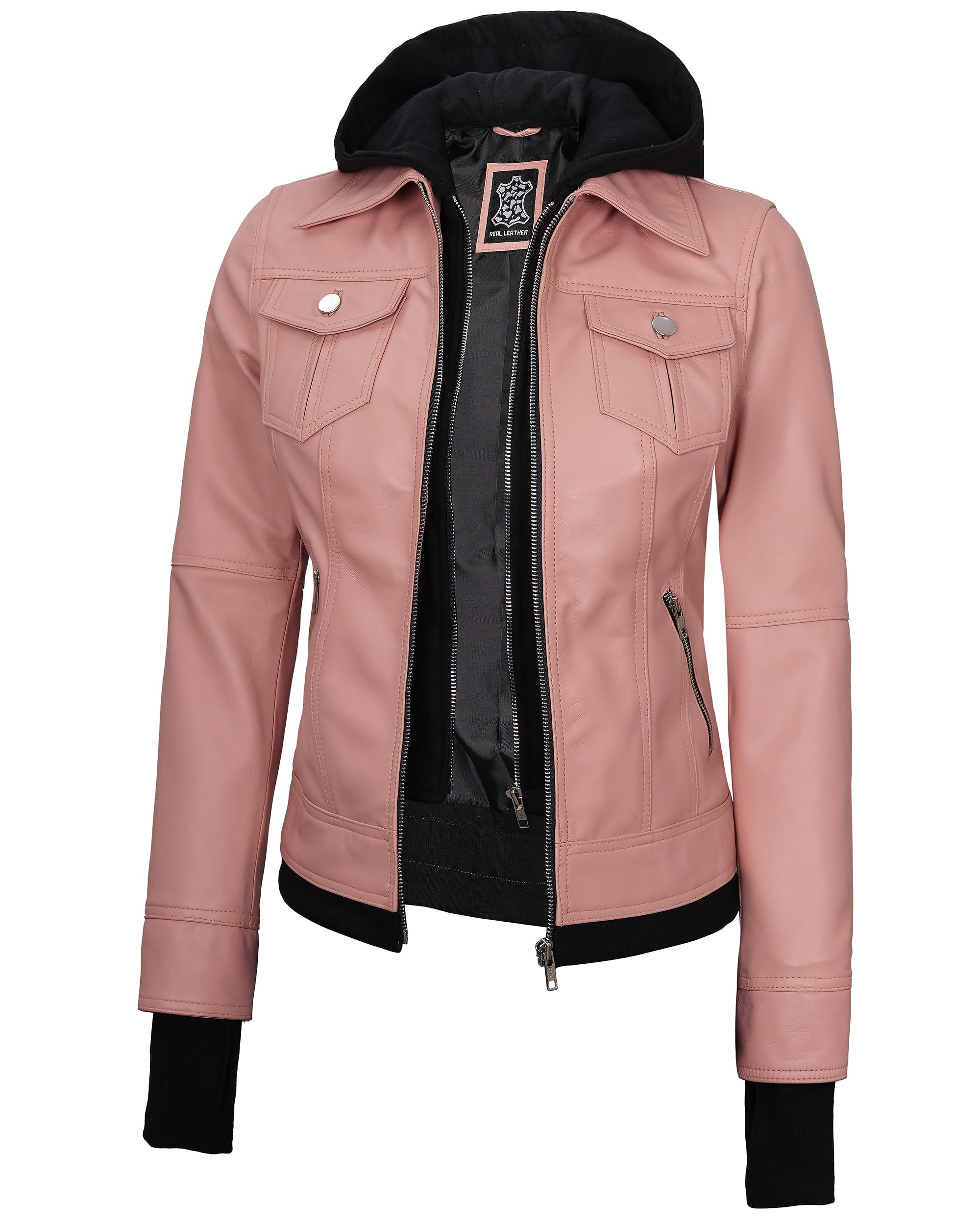 - Hooded Leather Bomber Jacket Women - Real Lambskin Womens Leather Jacket with Removable Hood