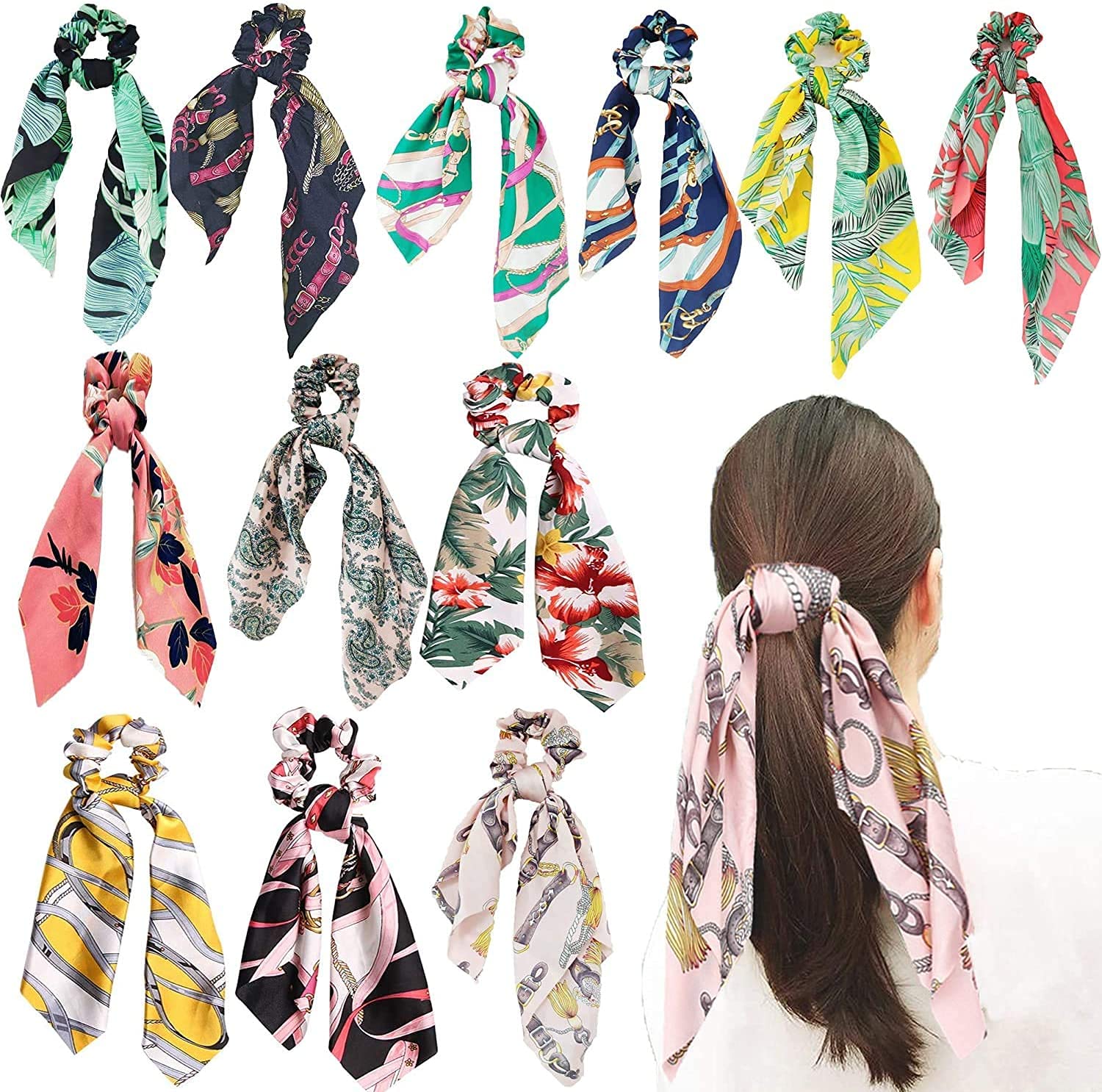 RNV Collection Summer Flower Printed Women Elastic Scrunchies Hair Bands Retro Hair Ties Scarf Rubber Band Hair Accessories for Women Girls 12pc Multicolor