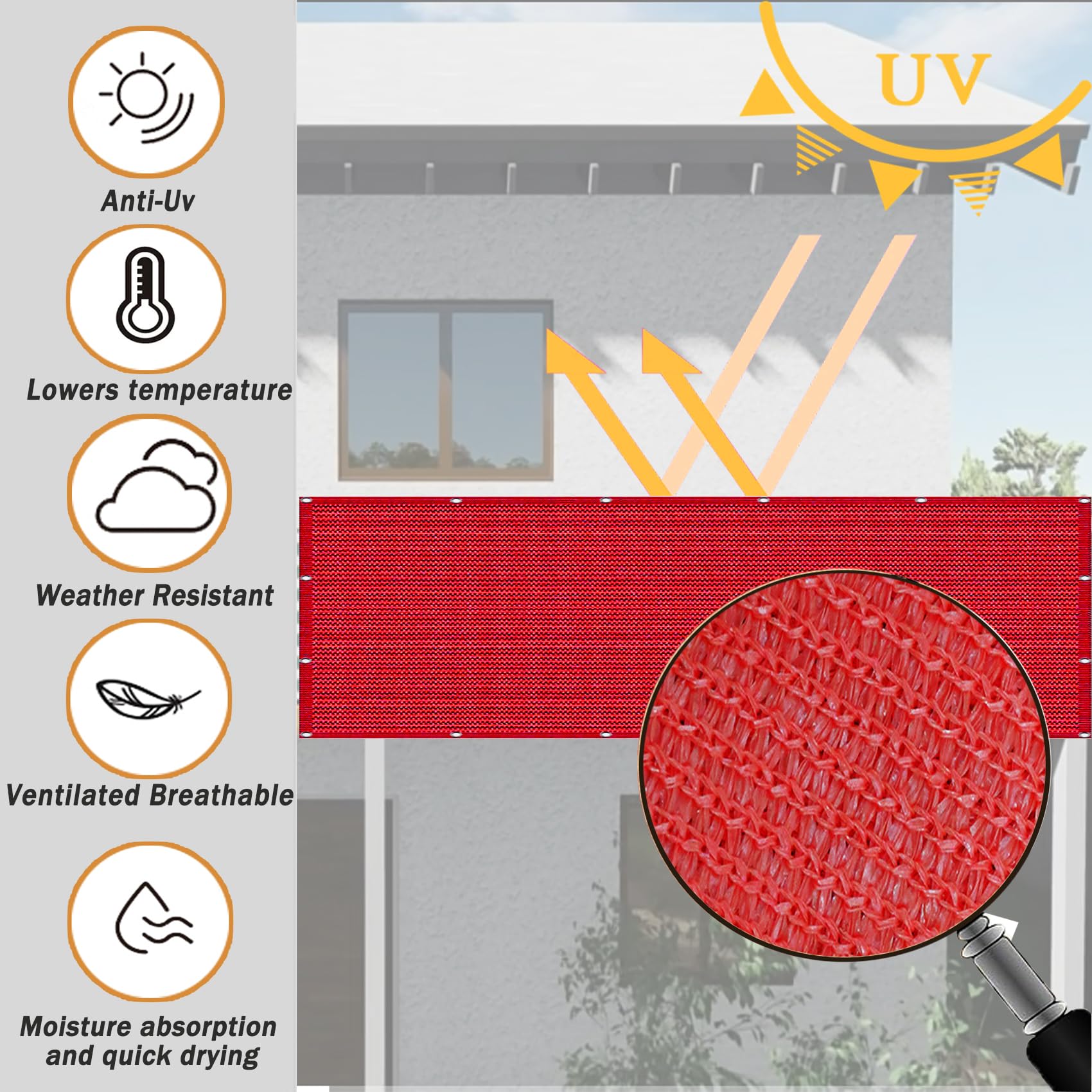 Siatka Zacieniająca 1.65 x 8 m HDPE 220 G M² Bez Wiercenia, Nieprzejrzysta, Odporna Na Uv, Odporna Na Rozdarcie, Osłona Balkonowa Ochronna Z Oczkami I Linką Do Podwórka, Czerwony