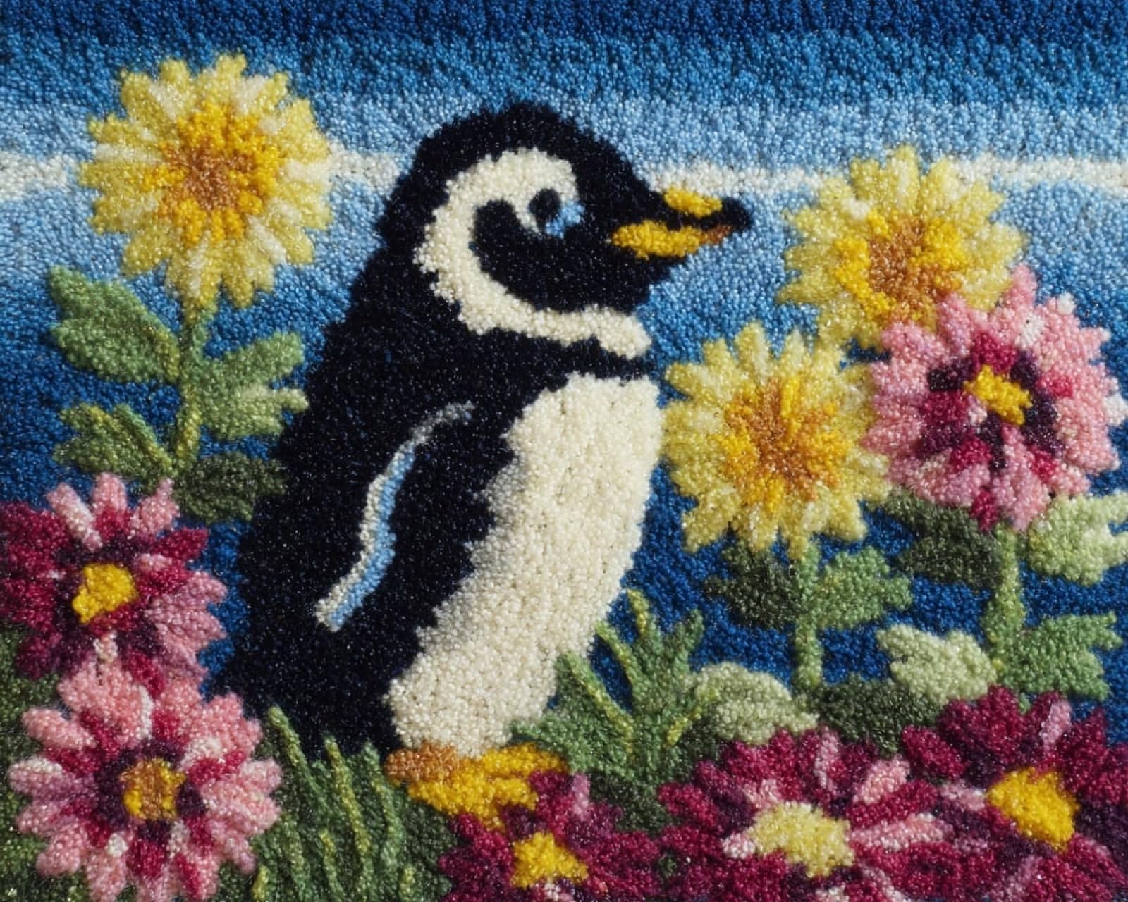 Wallphantom Latch Hook Kits Rugs,Penguins and Flowers,Handmade Self Knotting Set,Tapestry Kits for Adults,Cushion Latch Hook Rug Pre-Printed Pattern Craft for Adults,80x115cm