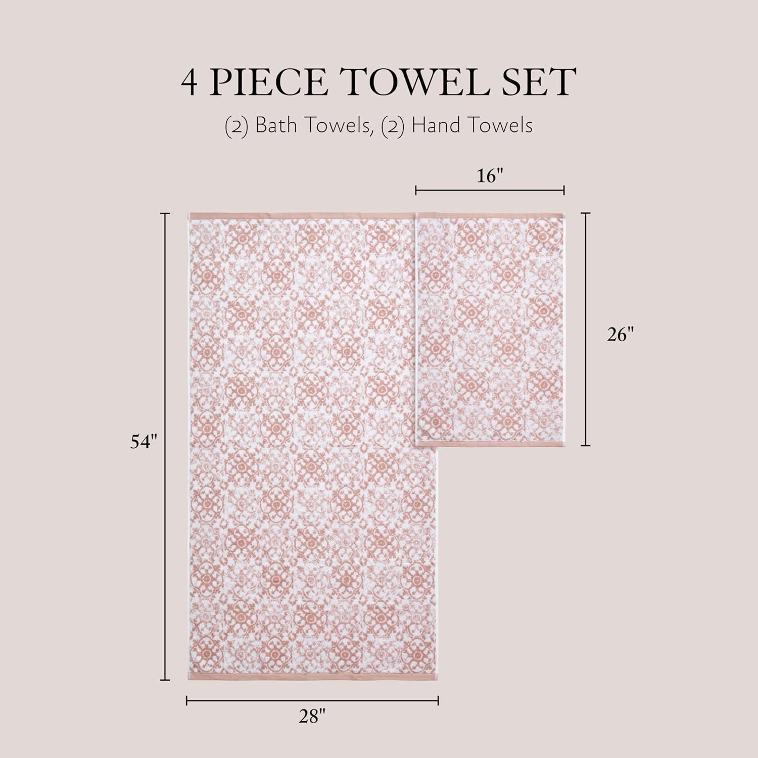 Jessica Simpson - Bath Towel 4 Piece Set, Aziza, Premium Bathroom Decor, Includes 2 Hand Towels and 2 Shower Towels, 100% Cotton & Machine Washable, Rose Smoke