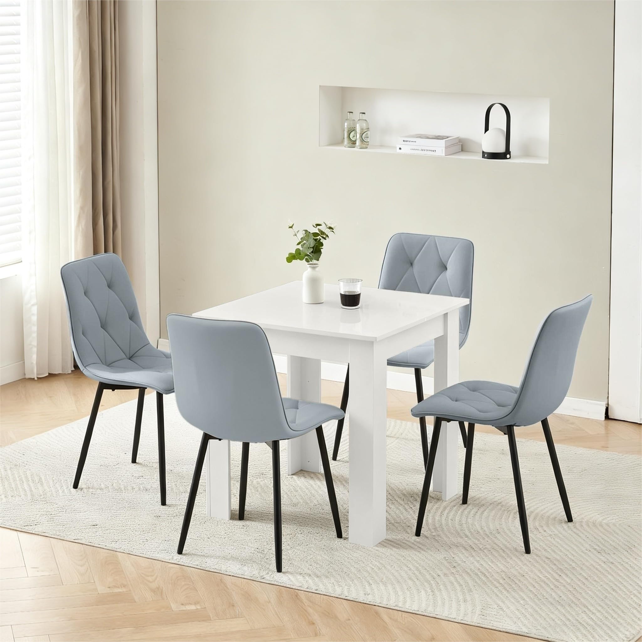 Homullel 75x75 cm Small Dining Table and 4 Chairs, 4 Seater Table and Chairs Set Kitchen Dining Room Set for 4, Compact, Space Saving, Wooden, Glossing Tabletop White (4 Seats, Velvet Diamond Gray)