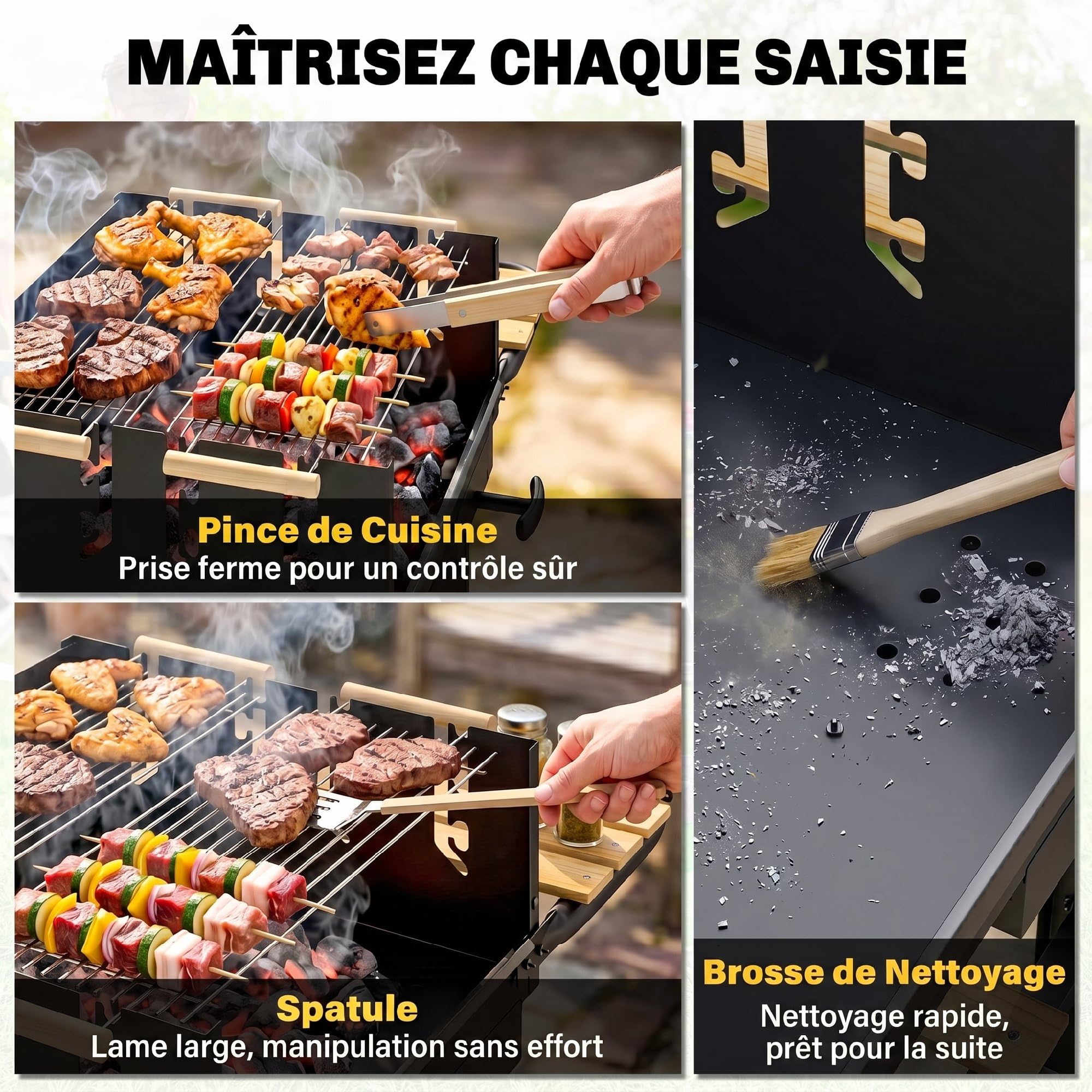 Outsunny Barbecue au Charbon de Bois avec 2 Grilles Réglableset 3 Accessoires, Chariot à Barbecue de Bois, Tablette Latérale, Récupérateur de Cendres et Roues, pour Jardin, Terrasse, Camping, Noir
