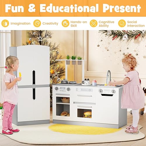 Miniatura 9 de Costzon Juego de cocina para niños, juego modular de madera de 2 piezas con agua corriente, sonido y luz, nevera, lavavajillas, microondas, horno,