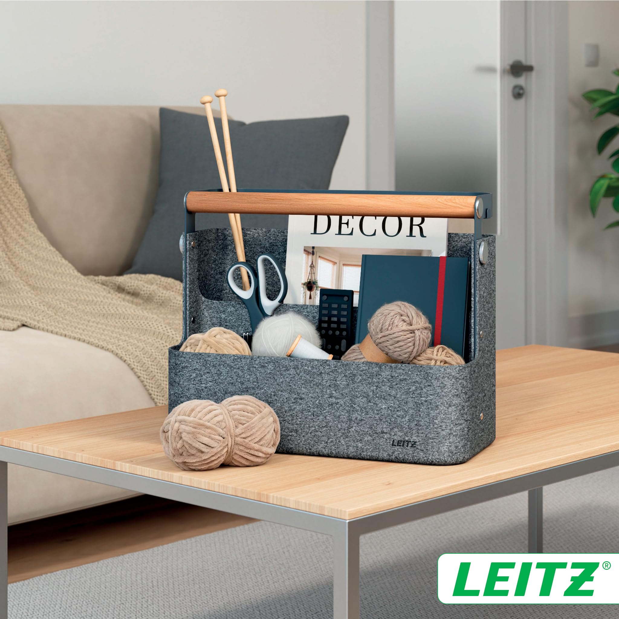 Leitz Organizer da Scrivania Portatile con Manico - Organizer per Hot Desk con Funzione Appendibile, Manico in Legno, Vassoio Interno Rimovibile e Porta Oggetti Elastici - 38 x 19 x 30-33cm