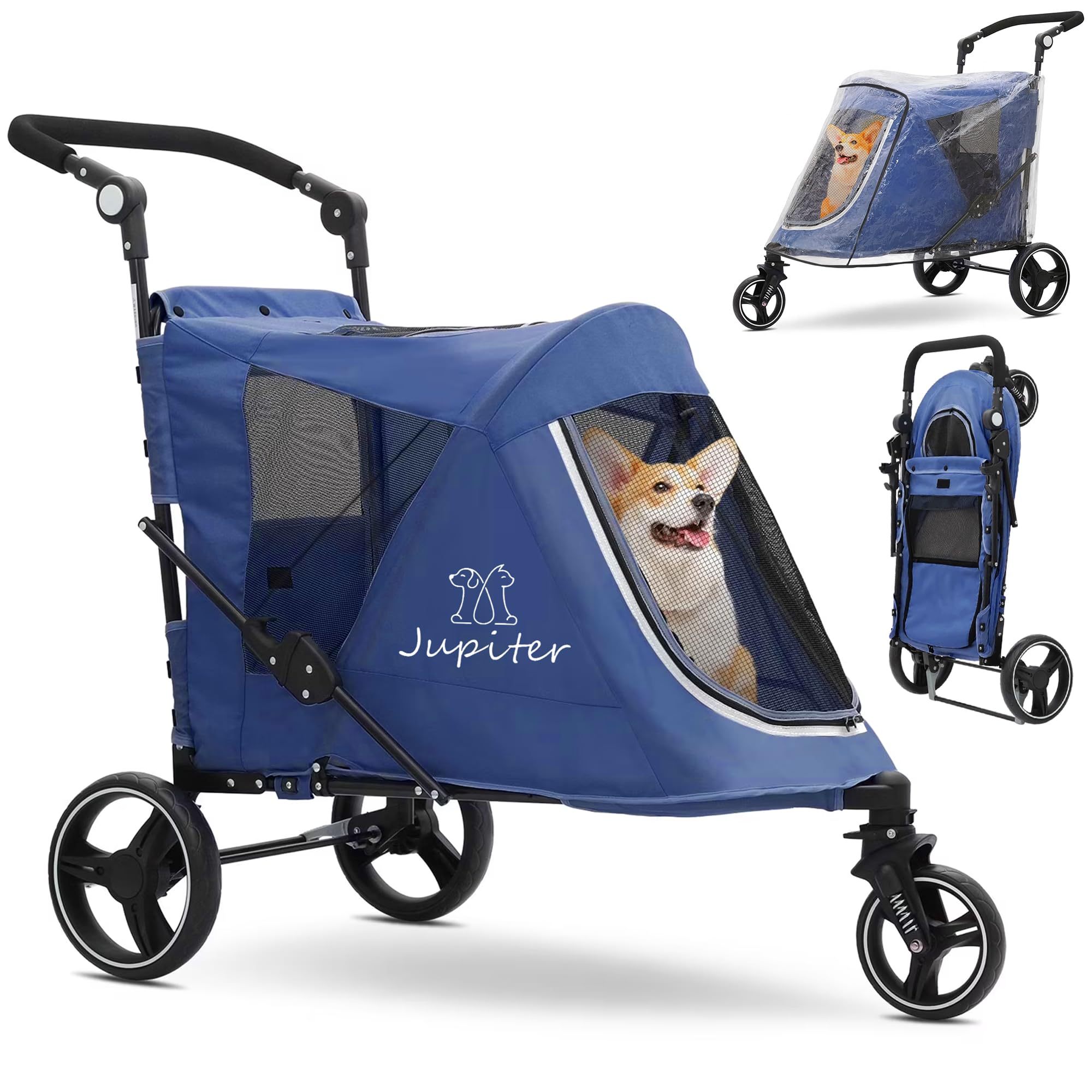 JupiterJX 3-Wheel Dog Stroller with Rain Cover, Foldable Pet Travel Carrier Cart with Adjustable Handle, One-Foot Brake, Mesh Windows & Zipper Closure, for Small to Large Dogs up to 30kg (Blue)