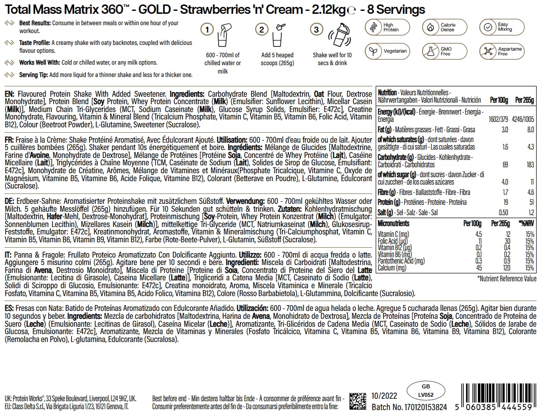 Protein Works | Total Mass Matrix 360 – GOLD Innovation, Tri-Protein-Mix, Mass Gainer, Proteinpulver mit Kreatin-Monohydrat, Glutamin & Vitamin‑Mineral-Mix, Erdbeer-Sahne, 8 Portionen, 2.12kg