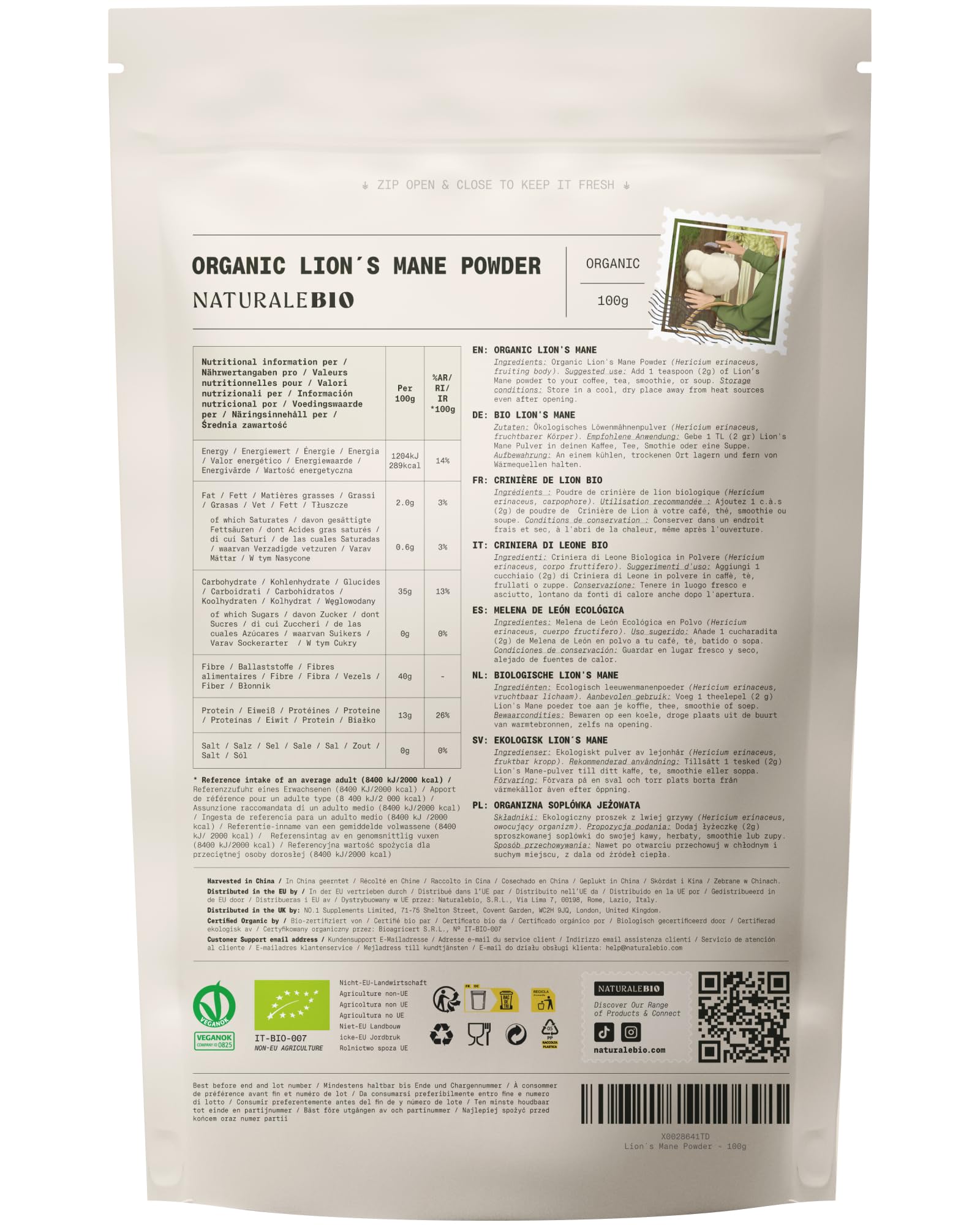 NaturaleBio Criniera di Leone in Polvere 200g | Biologica, Vegana, Senza Glutine, Non OGM | Supporta Funzioni Cognitive, Intestino e Sistema Immunitario | Facile da Assumere