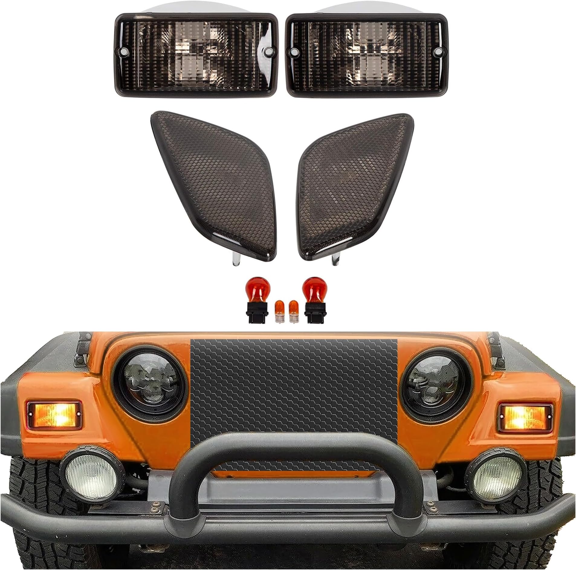 HECASA Smoke Lens Bumper Signal + Side Marker Lights Compatible with 1997-2006 Jeep Wrangler TJ