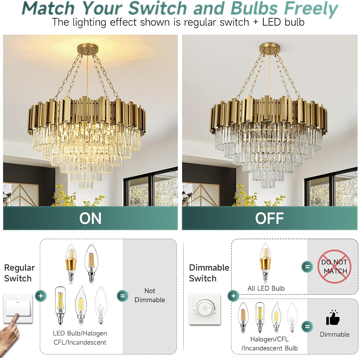 Modern Crystal Chandelier Gold Pendant Light Fixtures, Round Crystal Pendant Lighting for Living Room, Dining Room, Bedroom, Restaurant, E12 x 12, Φ30inch
