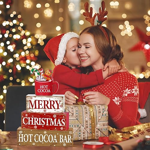 Miniatura 5 de 4 piezas de decoración de mesa de madera de Navidad rústica de cacao caliente, letrero de bloque de madera de cacao caliente, centro de mesa de