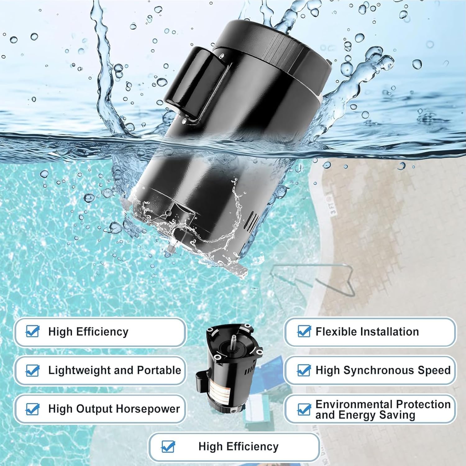 USQ1152 Pool Pump Motor 230/115V, 3450RPM, 60HZ, 1.5HP 48Y Frame Square Flange Swimming Pool Motor