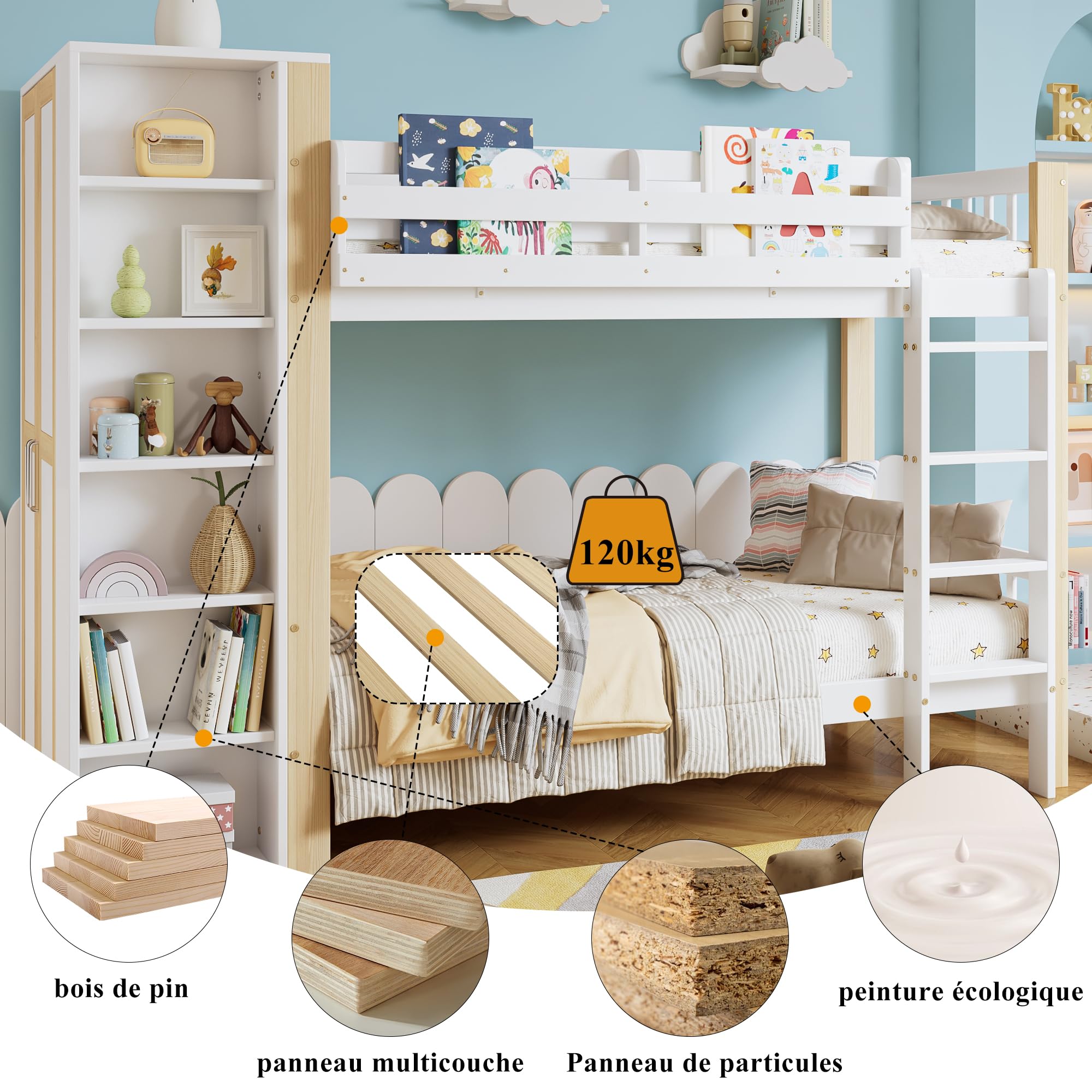 Letto A Castello 90x200 Con Scala A 4 Gradini, Letto A Soppalco Con 6 Ripiani Aperti E Armadio Laterale, Struttura In Legno Bianco Naturale Per Camera Da Letto