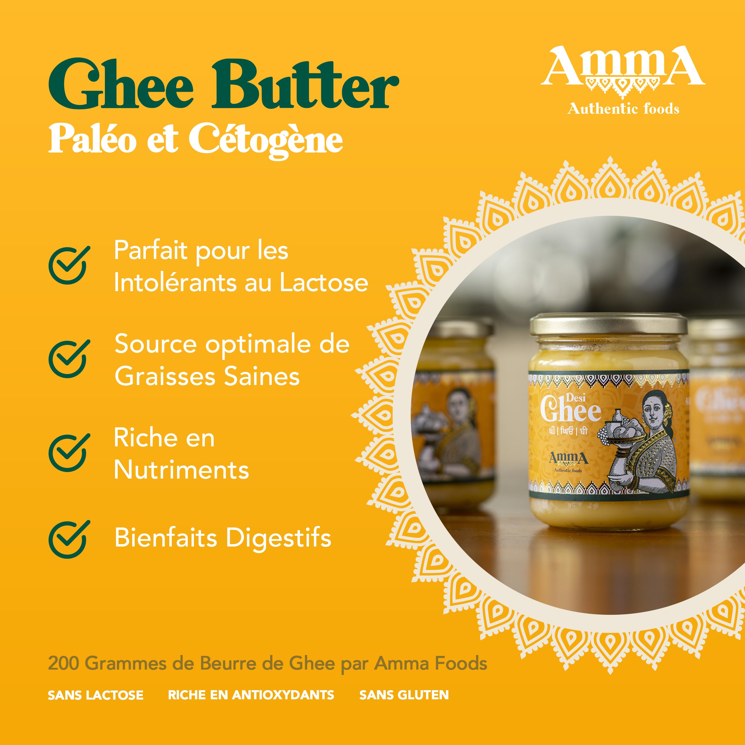 Ghee Beurre Clarifié 400g de Amma Authentic Foods ® - Beurre Indien Ghee, Beurre Ghee Paléo et Keto Friendly, Desi Ghee Grass Fed
