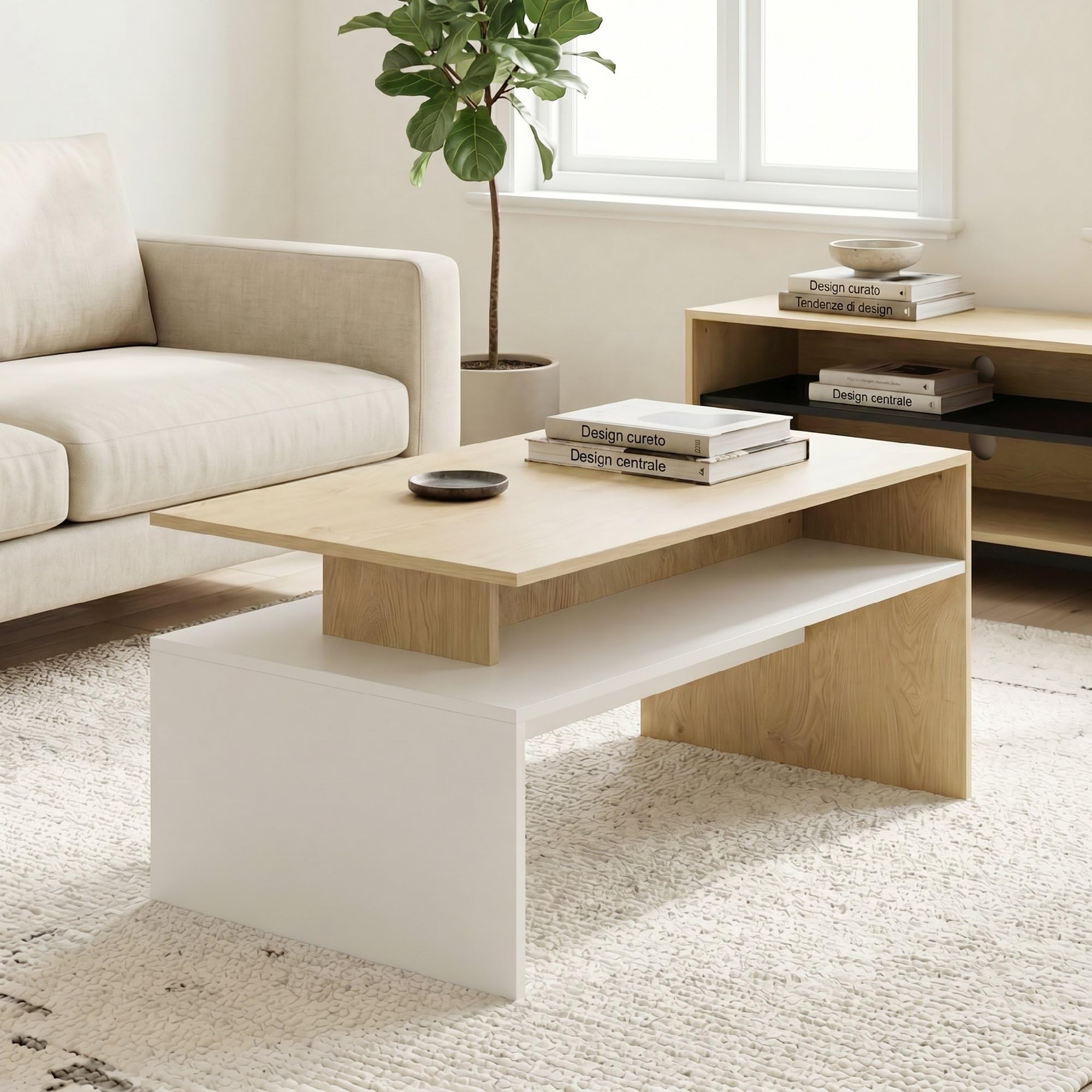 HOMCOM Tavolino da Caffè, Tavolino Salotto Moderno Bicolore con Mensola Sfalsata, Tavolo Soggiorno per Casa Ufficio, 95 x 55 cm, Legno Naturale e Bianco