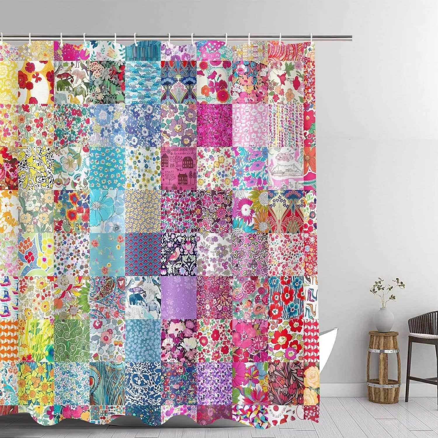 IHHGNB Boho Patchwork Shower Curtain, Spring Blooming Splicing Flowers Pattern Shower Curtains Home Decor with Hooks(150x200cm(59x79in)