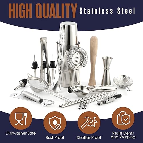 Miniatura 4 de Bolsa de kit de barman de viaje, juego de barra de viaje, juegos de mixología portátiles, 23 piezas, azul oscuro, plata, accesorios profesionales de