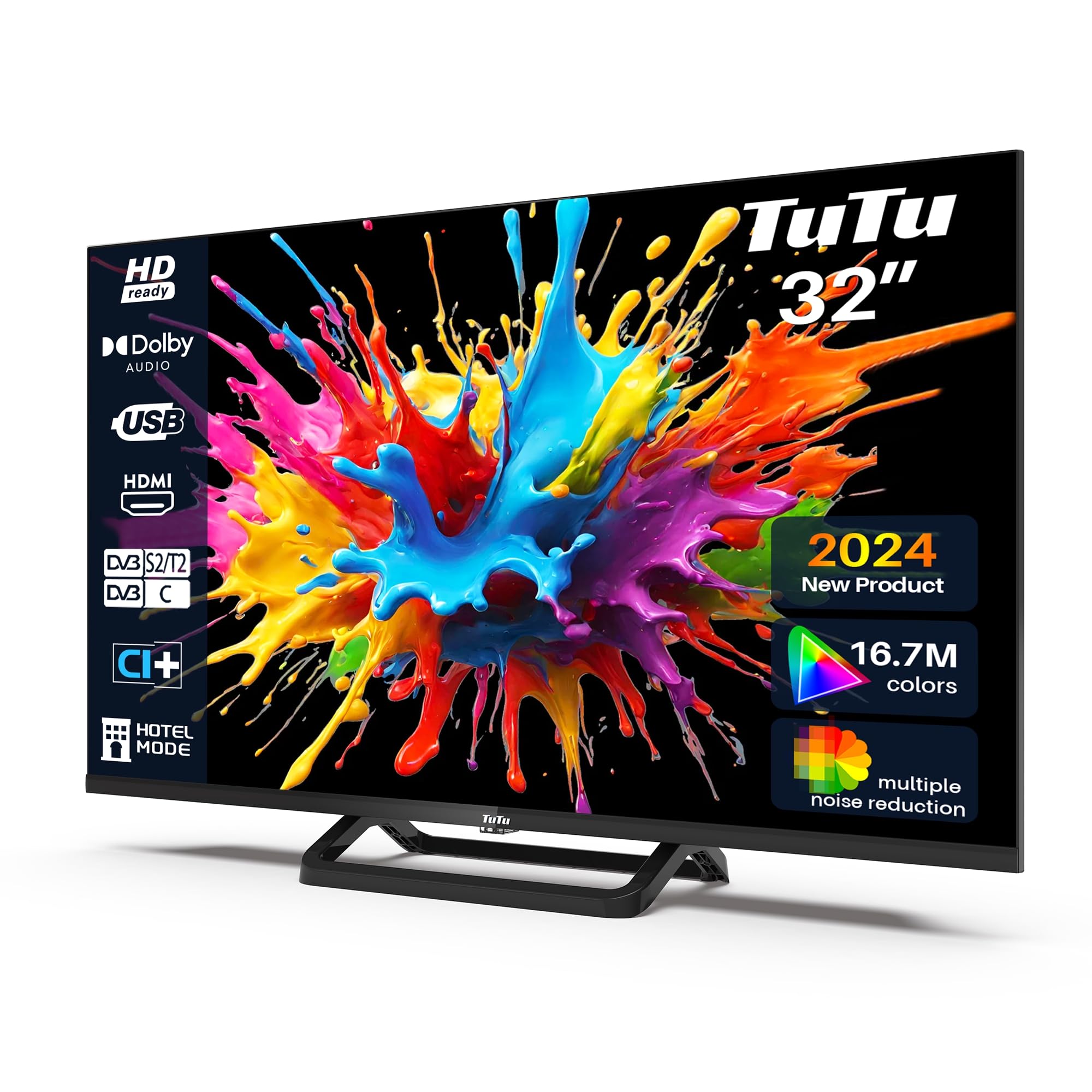 TuTu 32 Pollici(80cm) Televisori LED TV HD Ready Triplo Tuner HDMI USB-Media Player CI/CI+ Modalità hotel Senza bordo base centrale(2024)