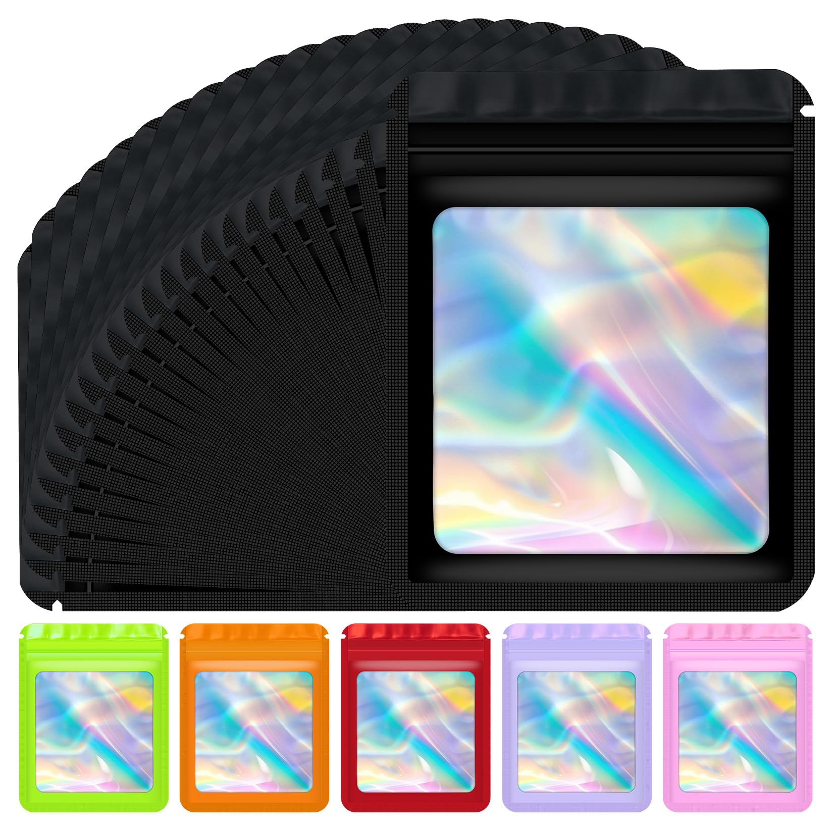 Jetmore 100 pcs Holographic Bags Mylar Resealable Bags for Small Business Sealable Packaging Bag for Candy Food Storage Sample Bracelet Product