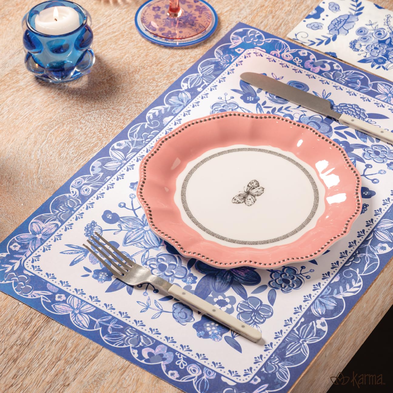 Karma, Paquete de 24 manteles Individuales Desechables para Mesa de Comedor, Boda, Fiesta de Vacaciones, manteles Individuales de Papel de 12.5 Pulgadas de Largo x 18.5 Pulgadas de Ancho, Azul y