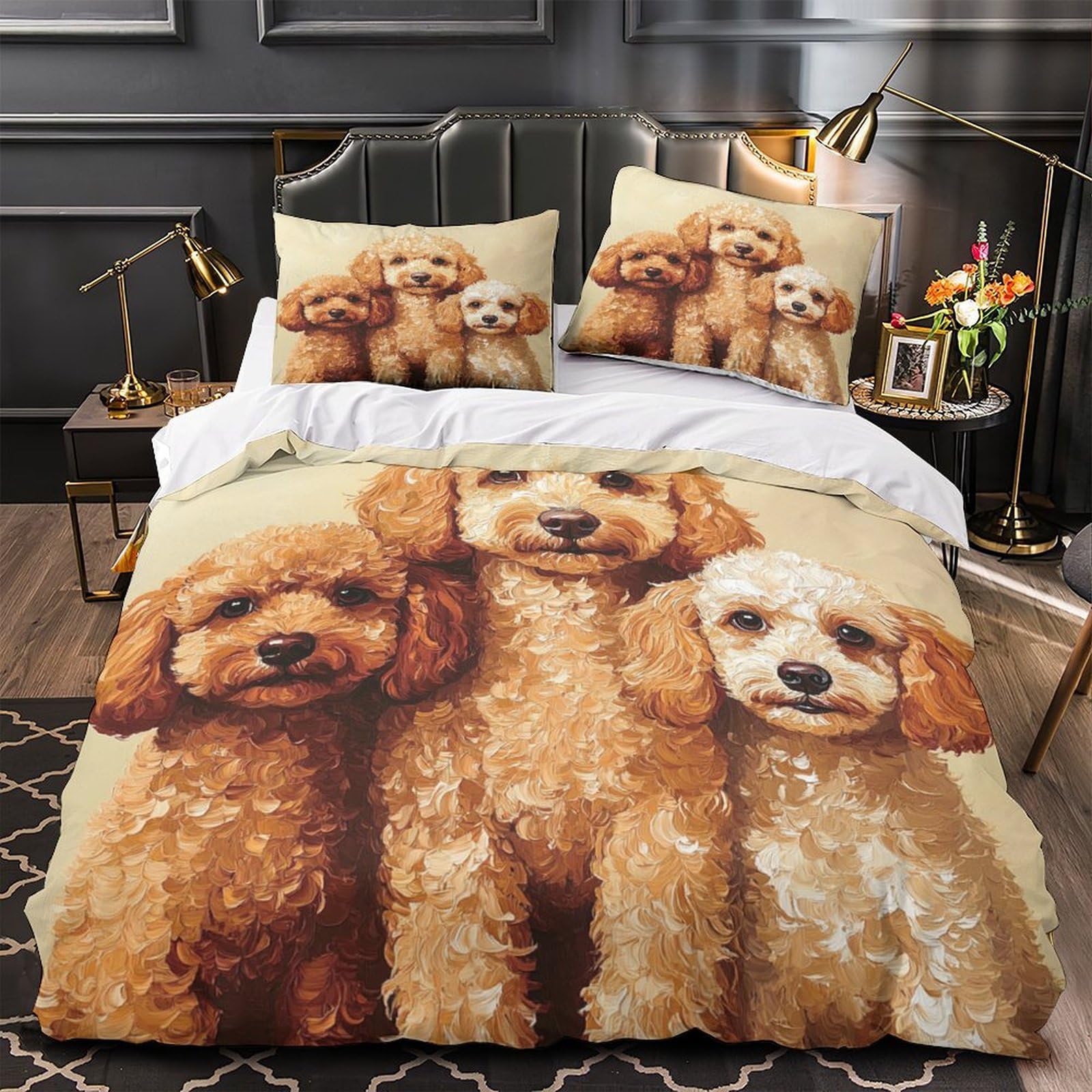 Housse de couette caniche 3D Super King 260x220 cm en microfibre avec 2 taies d'oreiller