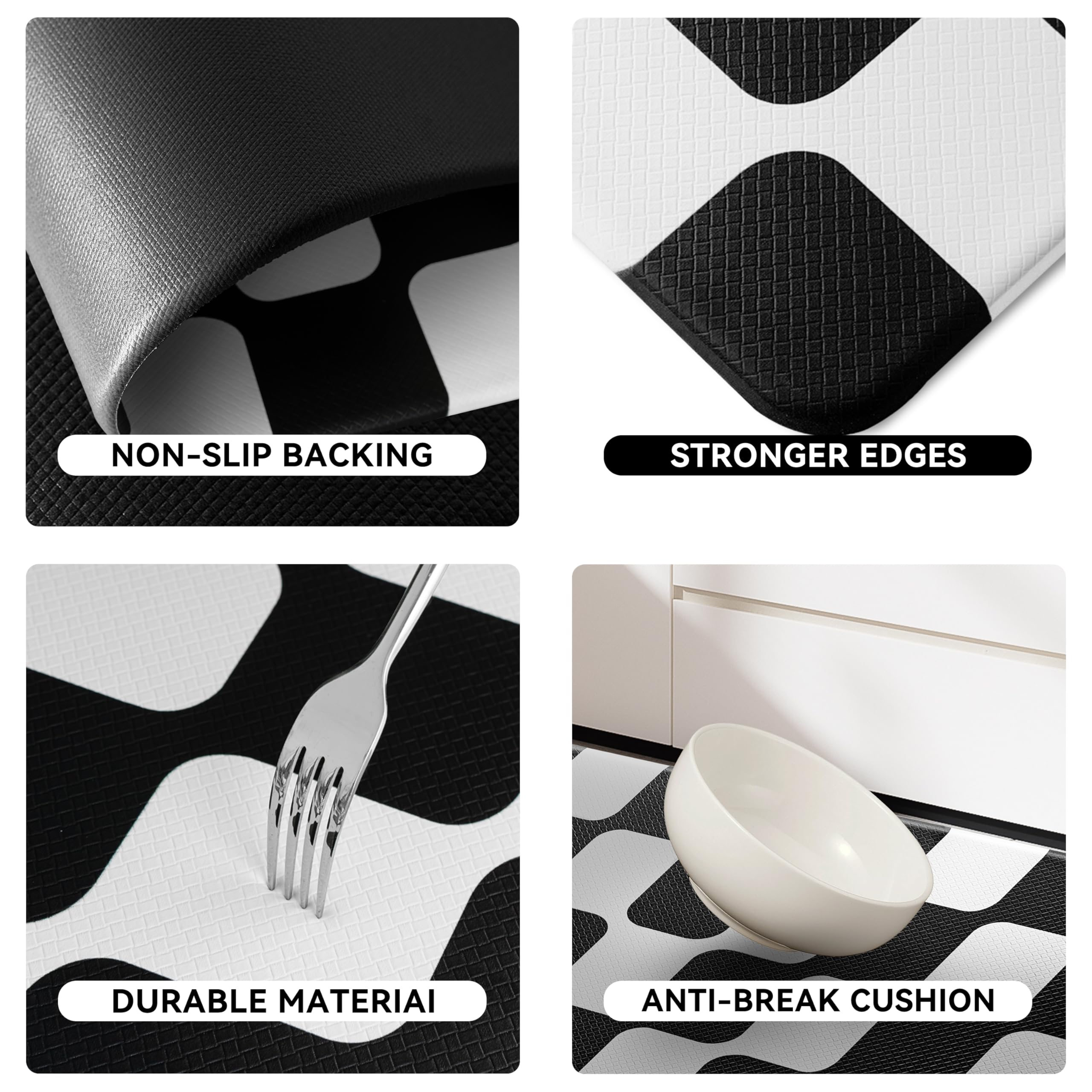 Juego de 2 alfombras de cocina a cuadros retro con curvas negras [2 piezas], antifatiga, impermeables, antideslizantes, resistentes, ergonómicas, cómodas, para suelo, hogar, lavandería, 17 x 29