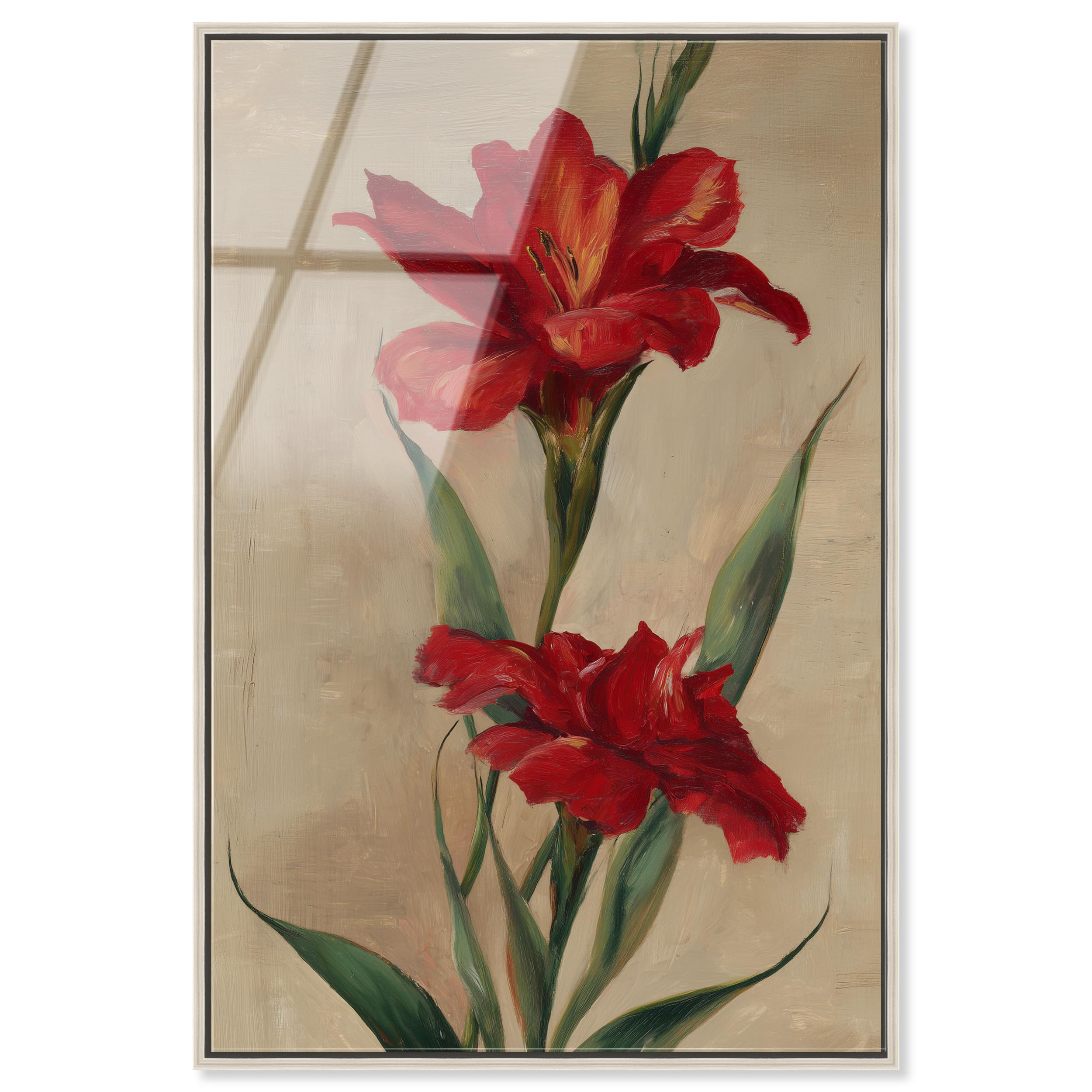 Art Remedy Antiker roter gerahmter Acryldruck, Vintage-Blumenkunst, silberfarbener Rahmen, 40,6 x 61 cm
