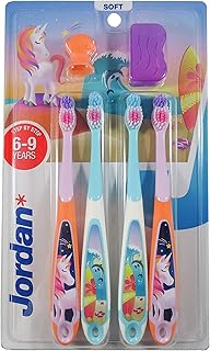 Jordan* | Step 3 Kids Toothbrush | Infant Toothbrush for Age 6-9 Years Old | Kid Toothbrush with Soft Bristles, Dual Ergonomic Handle & BPA Free | Blue & Pink Color | Pack 4 Units