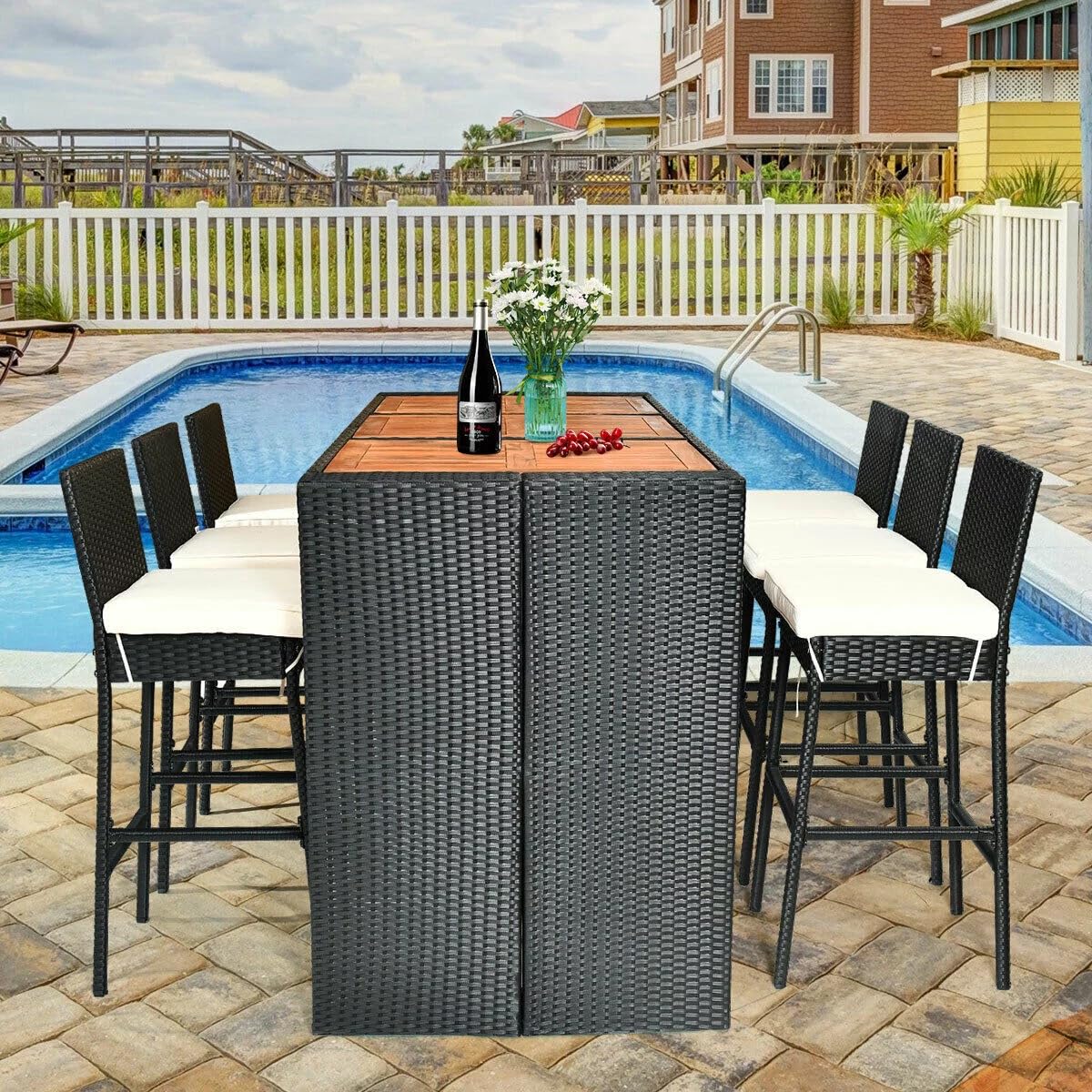 DEVOKO Patio Table and Chairs, All Weather Wicker Outdoor Furniture Bar Dining Set with 6 Chairs and Removable Cushions, Patio Seating Sets for Backyards, Porches, Lawn (Black and White)-image-43
