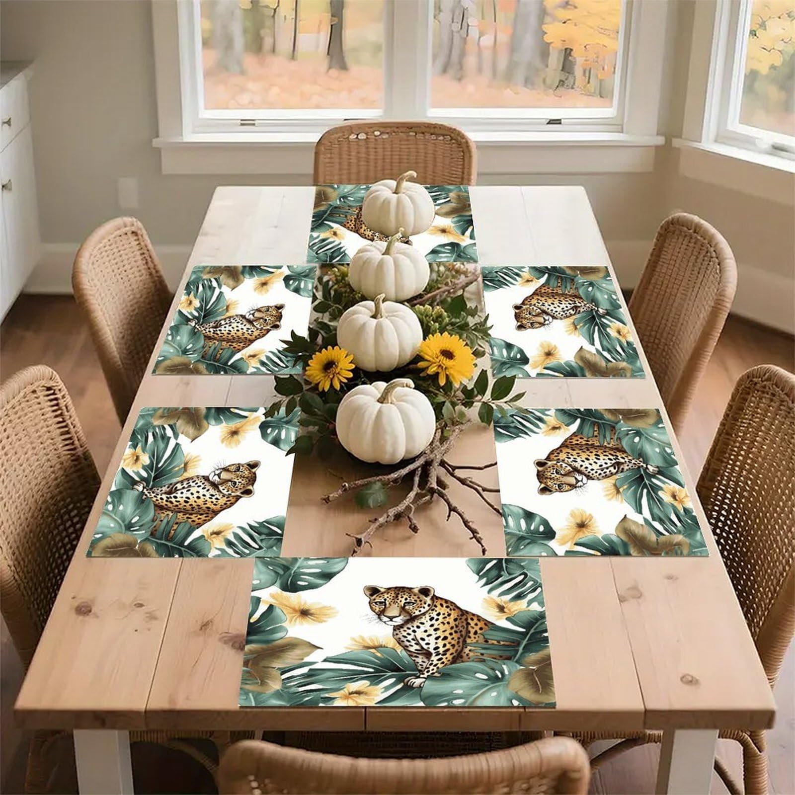 Leopard and Palm Leaves Placemats Heat-Resistant Washable Place Mats Anti Slip Dining Table Place Mats Wipeable Dining Table Mats Kitchen Decoration Placemats 17.7’’×11.8’’
