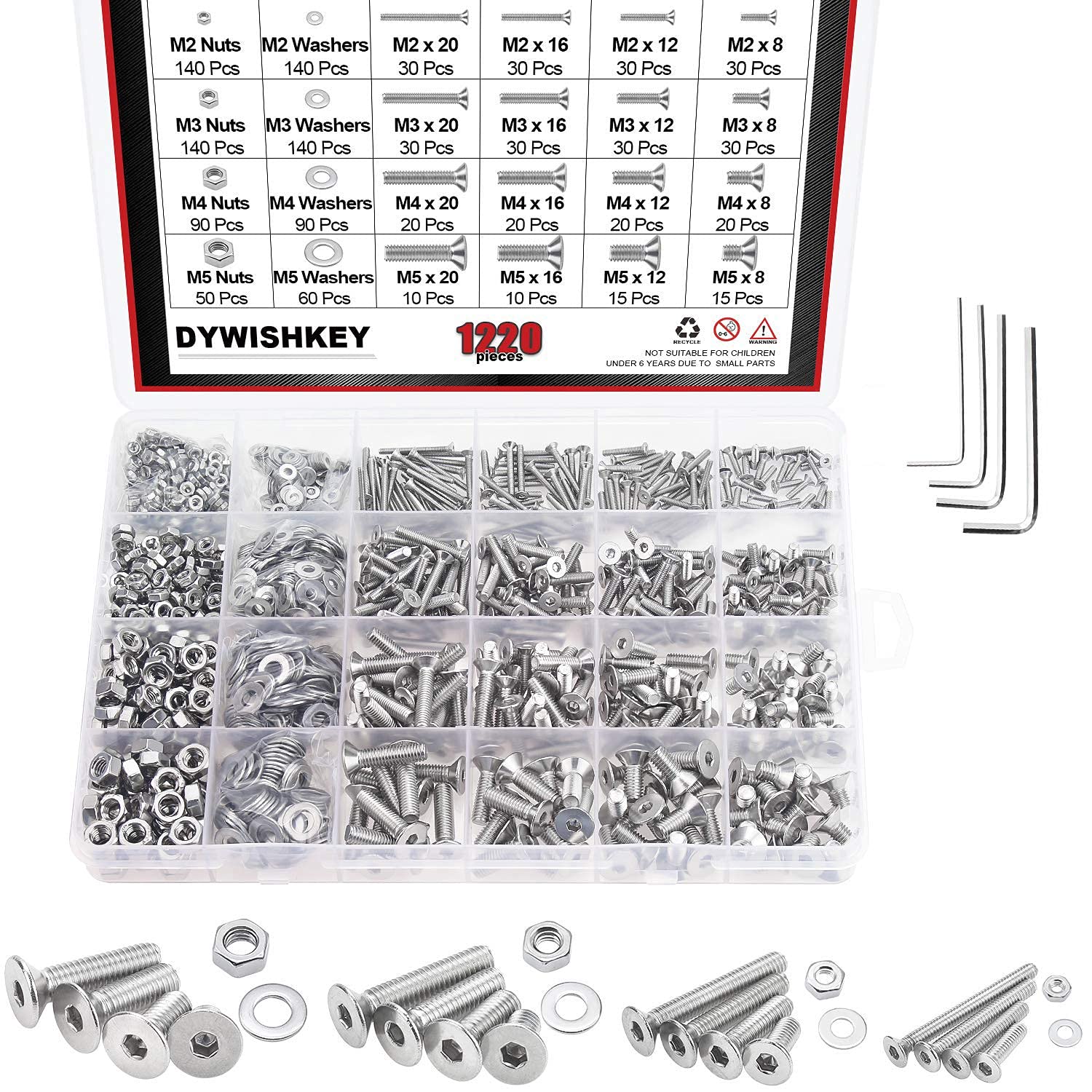 DYWISHKEY 1220 PCS M2 M3 M4 M5, 304 Stainless Steel Hex Flat Head Cap Bolts Screws Nuts Washers Assortment Kit with Hex Wrenches