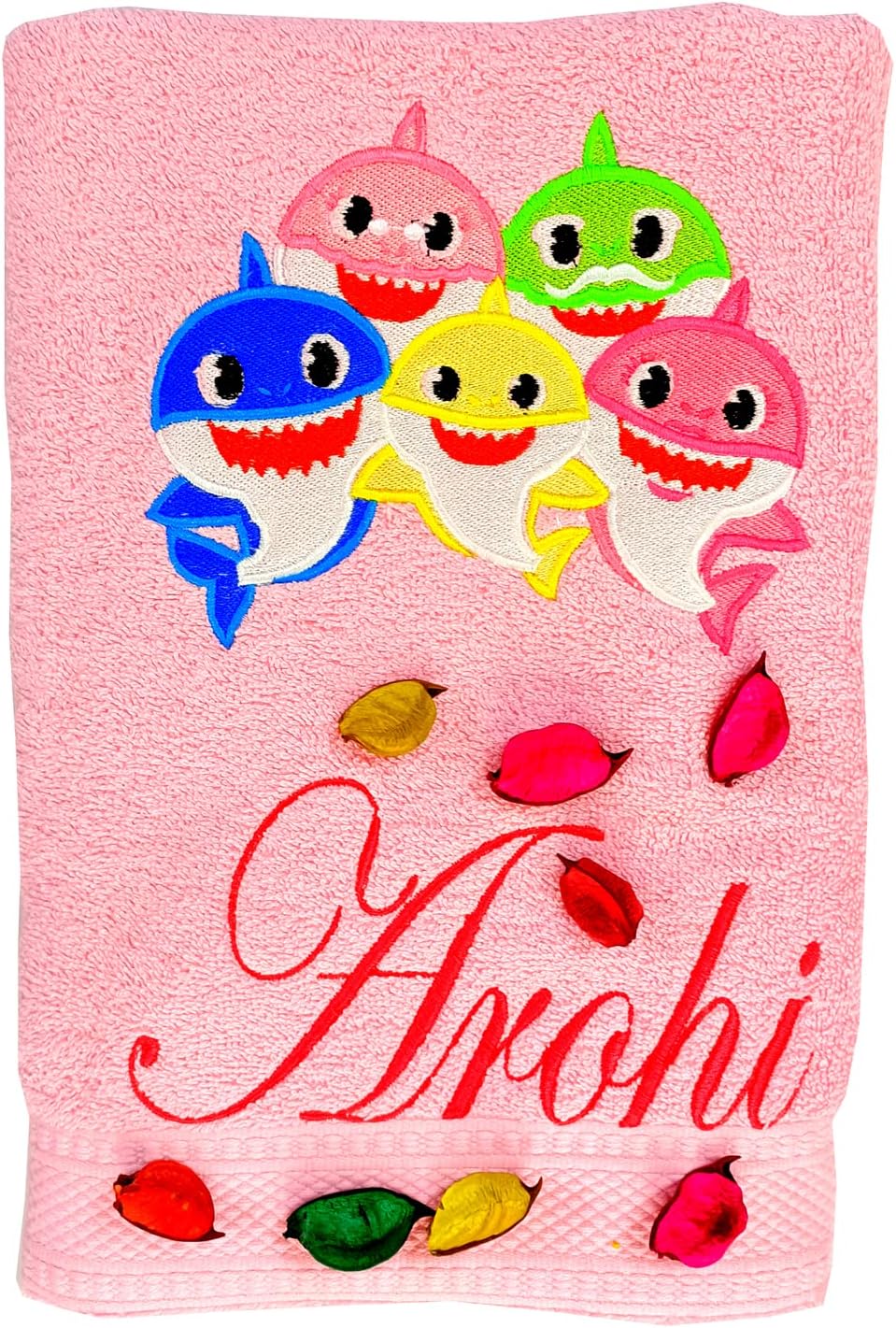 TurtleLittle, Cotton, Baby Shark and Friends Personalised Kids Bath Towel, 500 GSM (Set of 1, Pink)