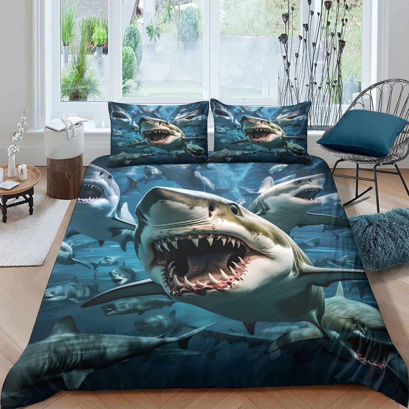Ctjqhvkz Style-5 3D Printed Shark Ocean Fitted Sheet Microfiber Deep Blue Sea Bed Cover For Bedroom Guest Room Mattress Protection Single（135X200cm）