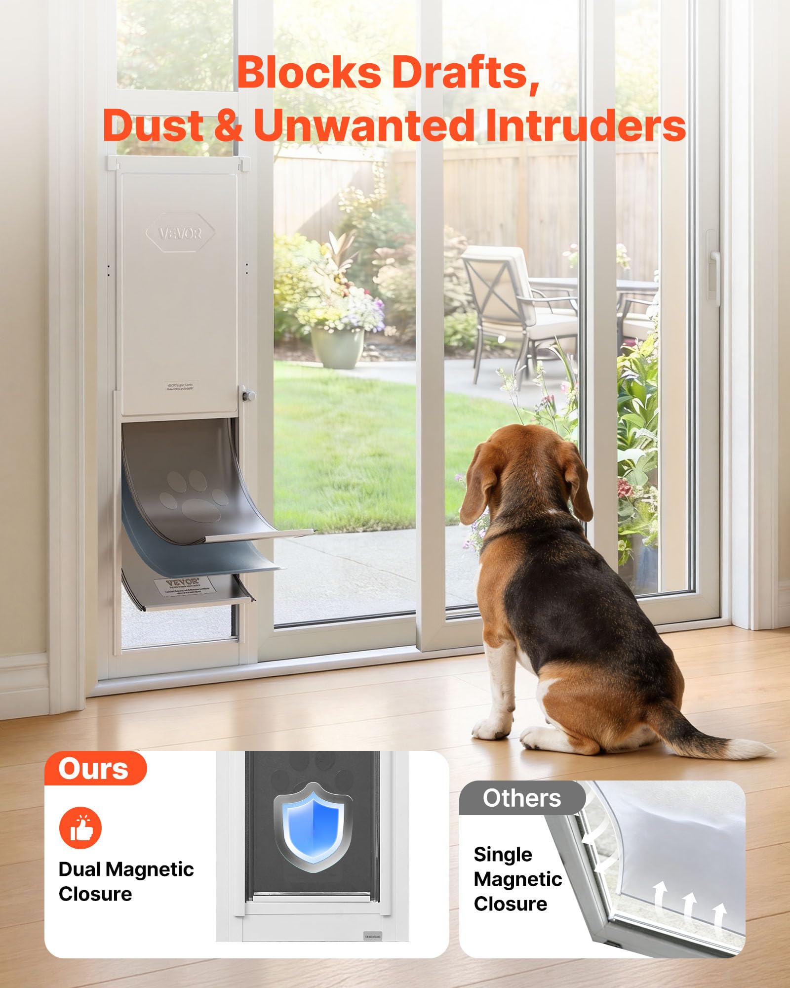 VEVOR Puerta Corrediza de Vidrio con Entrada para Perros, Altura Ajustable de 1927-2049 mm, Puerta para Mascota de 3 Capas 26 x 41,3 cm, Marco de Aleación de Aluminio, Compatible con Perros Grandes