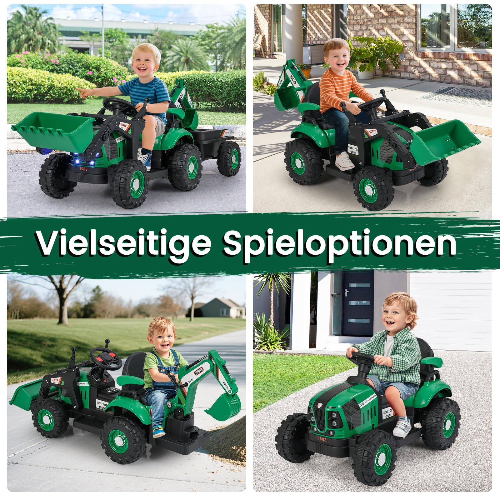 COSTWAY Elektro Traktor mit Anhänger & Schaufel, 12V Aufsitztraktor mit Fernbedienung, Sitzbagger mit LED Lichtern & Musik, Kinderbagger Elektrisch, Elektrotraktor für Kinder ab 3 Jahren (Grün)