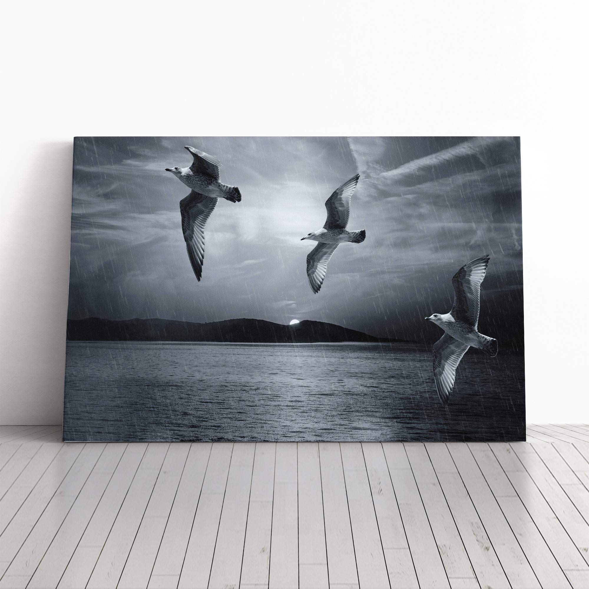 Seagulls in The Rain Canvas Print | Gallery Wrapped 30mm Frame Wall Art | 24x16 inches | Ready to Hang | Modern Landscape Picture | Living Room Bedroom Lounge Office