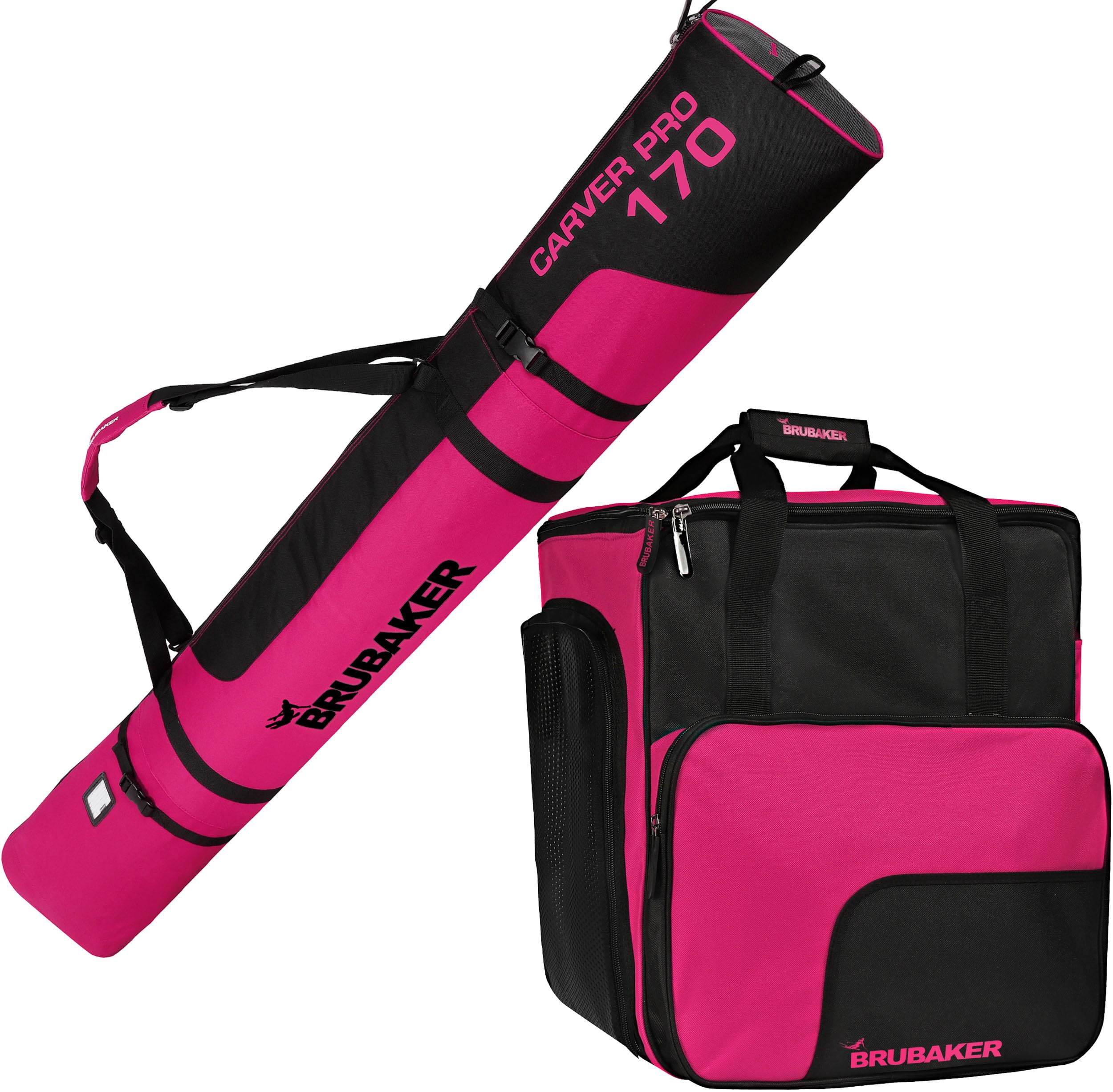 BRUBAKER Ski Kombi Set - Carver PRO - Skisack und Skischuhtasche für 1 Paar Ski 170 cm oder 190 cm + Stöcke + Schuhe + Helm - Rucksack Taschen Set für Skifahrer - Schwarz Pink