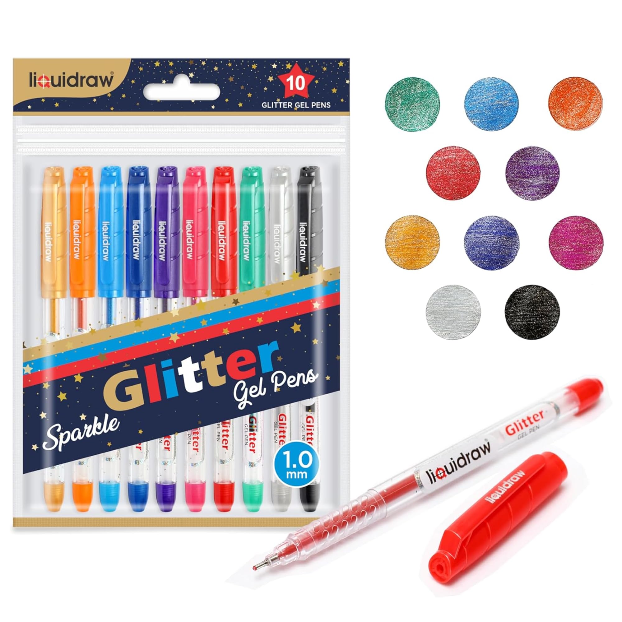Liquidraw Glitter Gel Pens - Set of 10 | Sparkly Coloured Pens with Metallic Finish | Great for Art & Craft | Suitable for Kids & Adults | Great for Colouring, Black Paper, Card Making & Scrapbooking