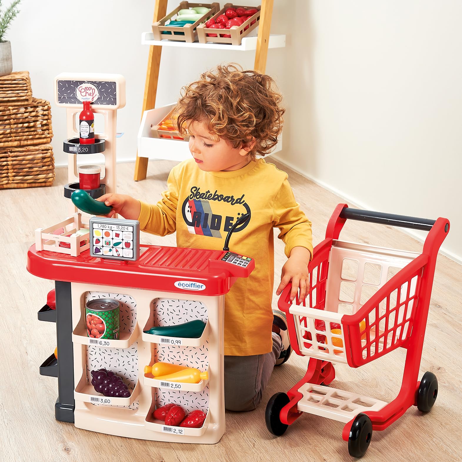 Ecoiffier 100por ciento Chef supermercado con Carrito, mostrador con Productos, TPV, báscula, micrófono y Accesorios, Juego de imitación Desde 18 Meses (7900001676)