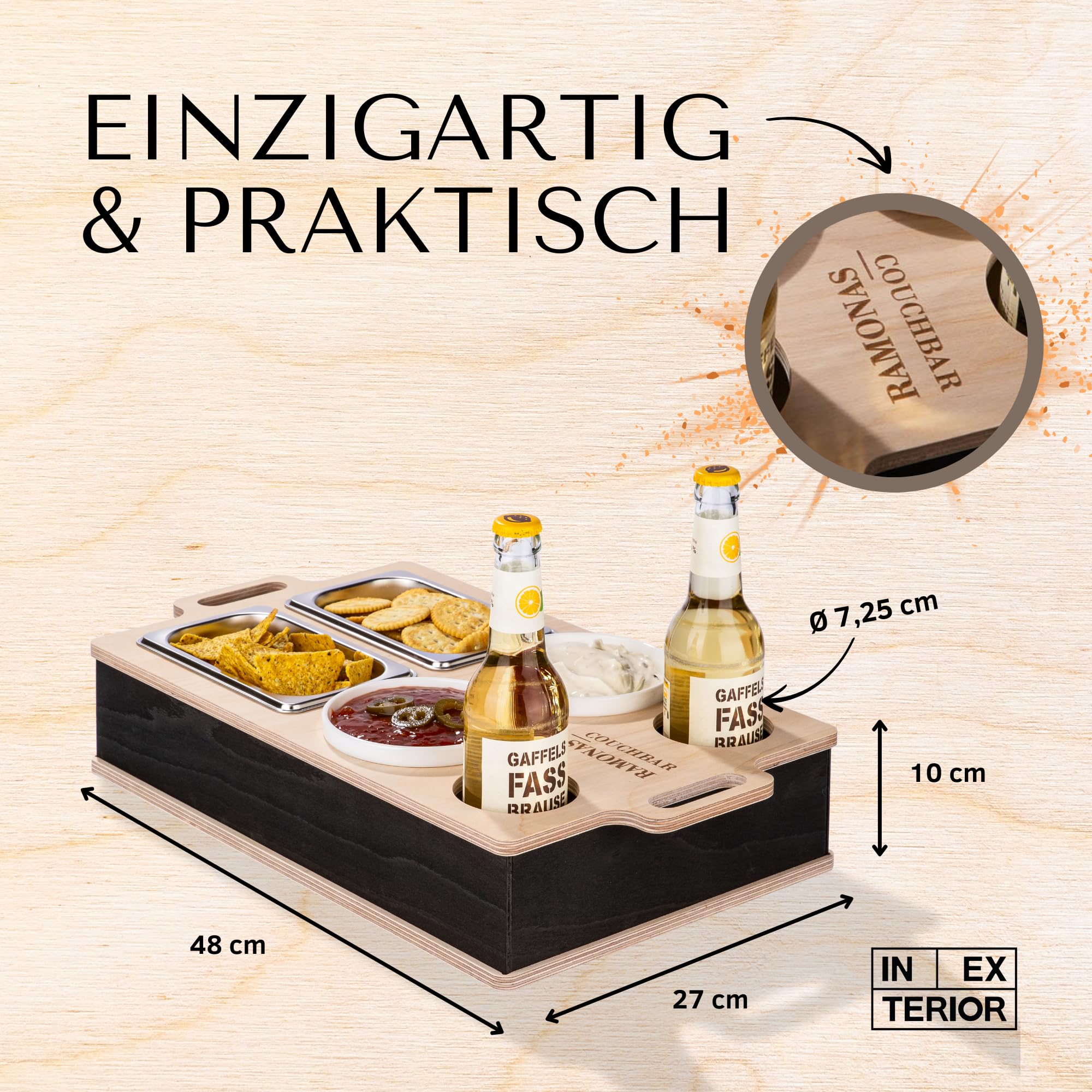 INEXTERIOR CouchBar Double - PERSONALISIERBAR - handgefertigt in Deutschland - Snackschalen und Flaschenhalter - Couchbutler couchorganizer Sofaorganizer Sofaablage Tablett Couchbutler (Design 2)
