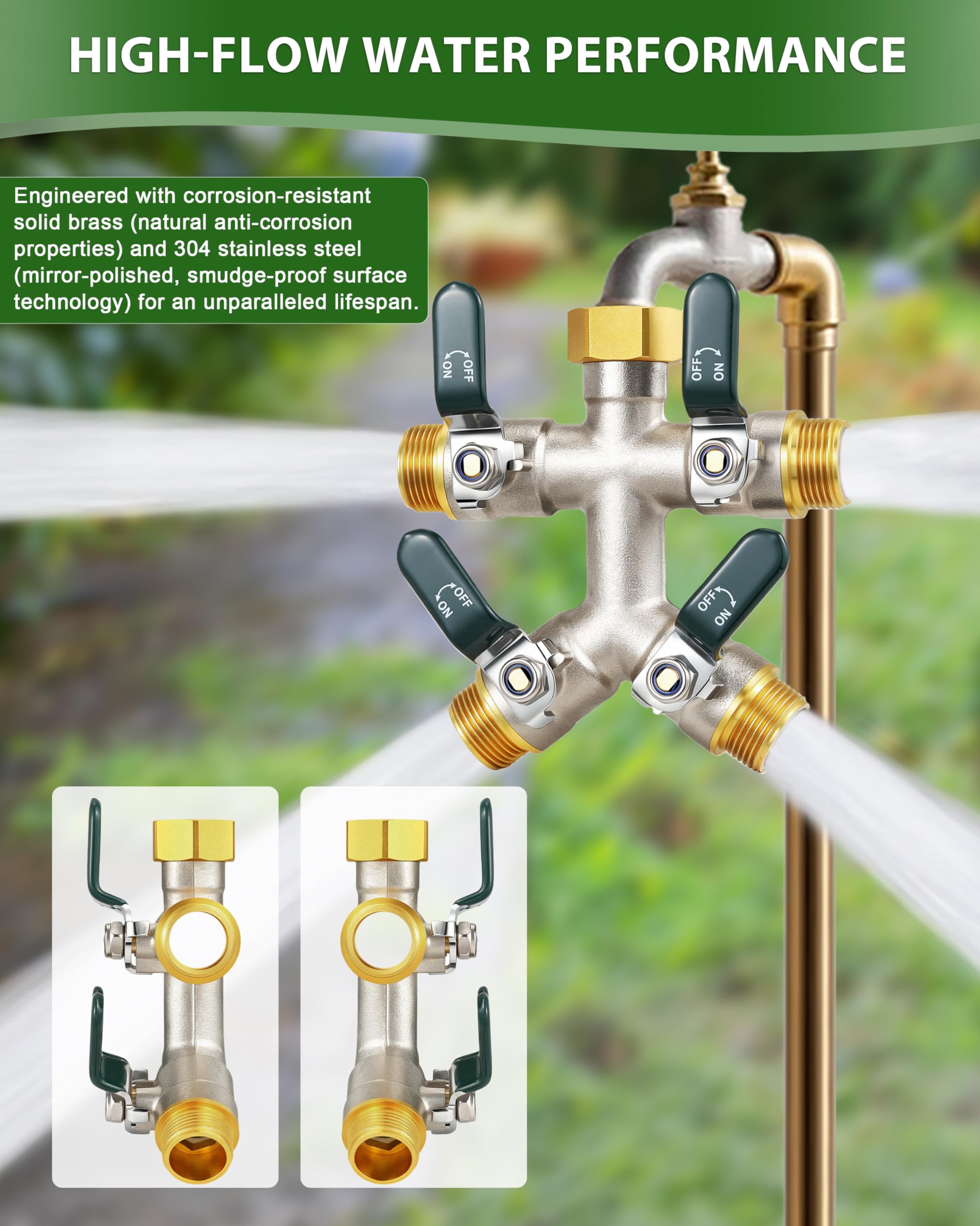 Distribuidor de manguera de jardín de latón de alto rendimiento, 4 vías, resistente a las heladas y al sol, conector exterior de latón, distribuidor con 4 válvulas, niquelado para resistencia a la
