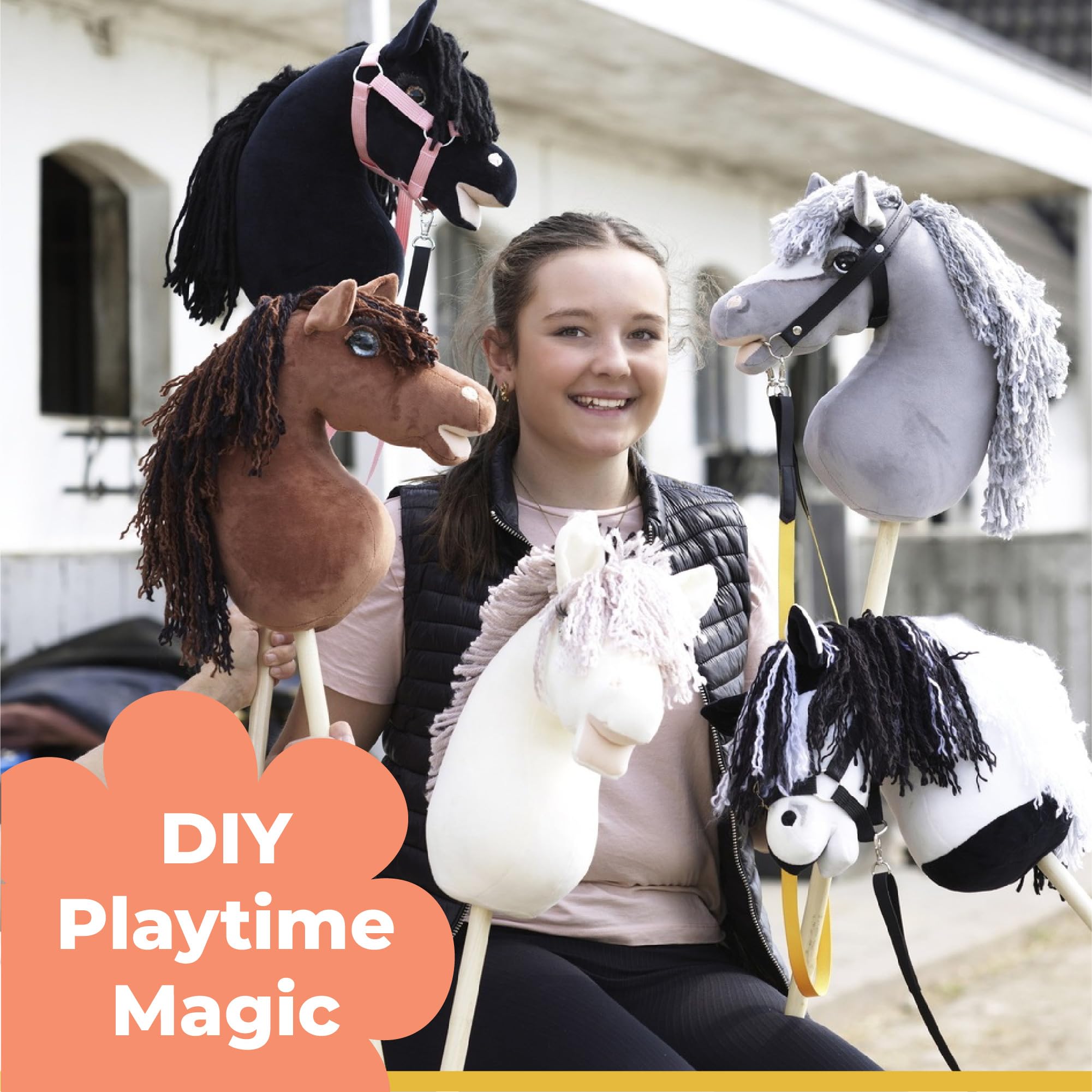 Panduro DIY Hobby Horse | Cheval à Baiser – Cheval Non décoré avec Tige en Bois | Cheval bâton sans roulettes, sans Son | Longueur 85 cm | Friesian