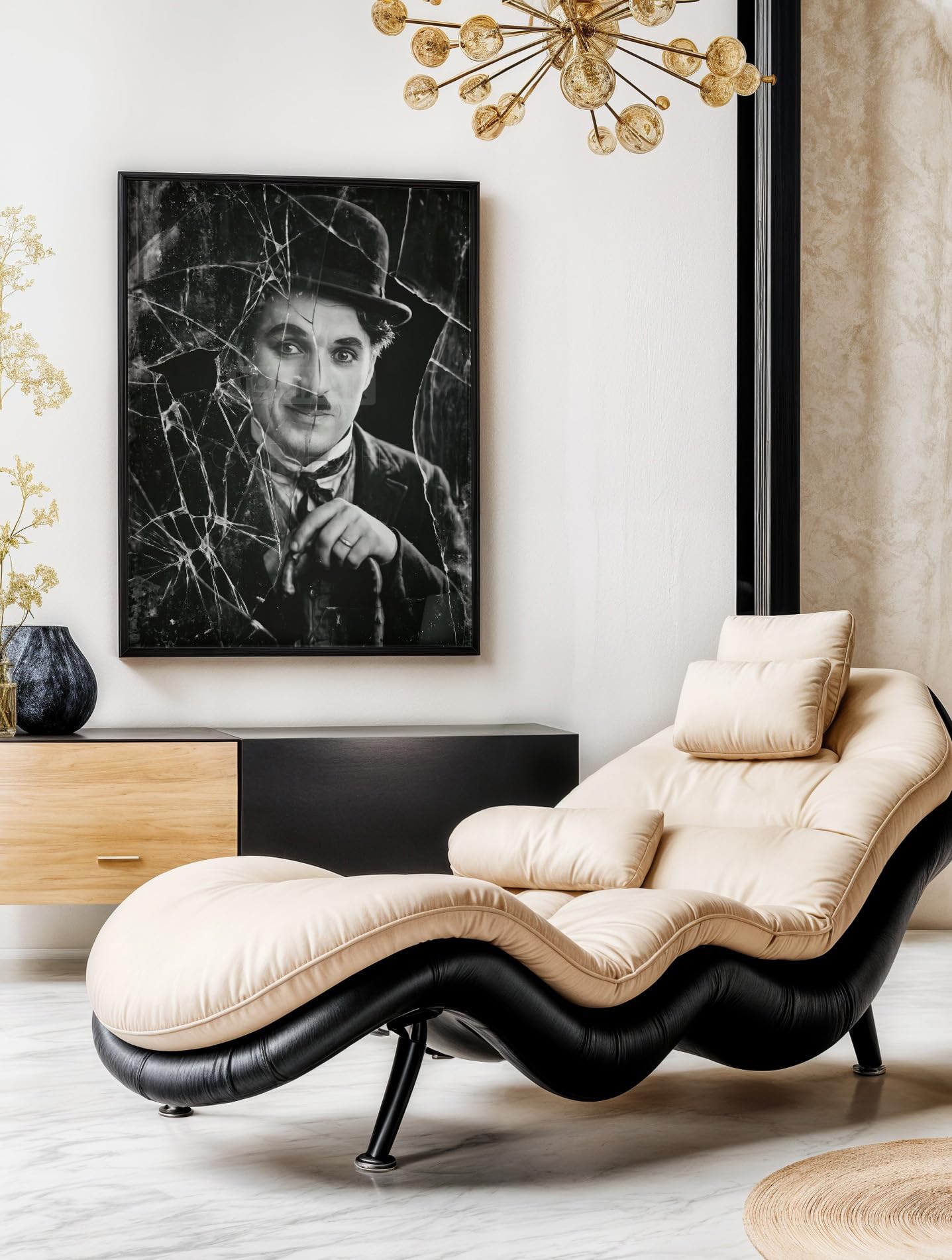 Tomaok® - Poster Stampa poster d'arte (Cornice non fornita) Charlie Chaplin iconico in bianco e nero con frammenti di vetro rotto, Ritratto cinema muto drammatico