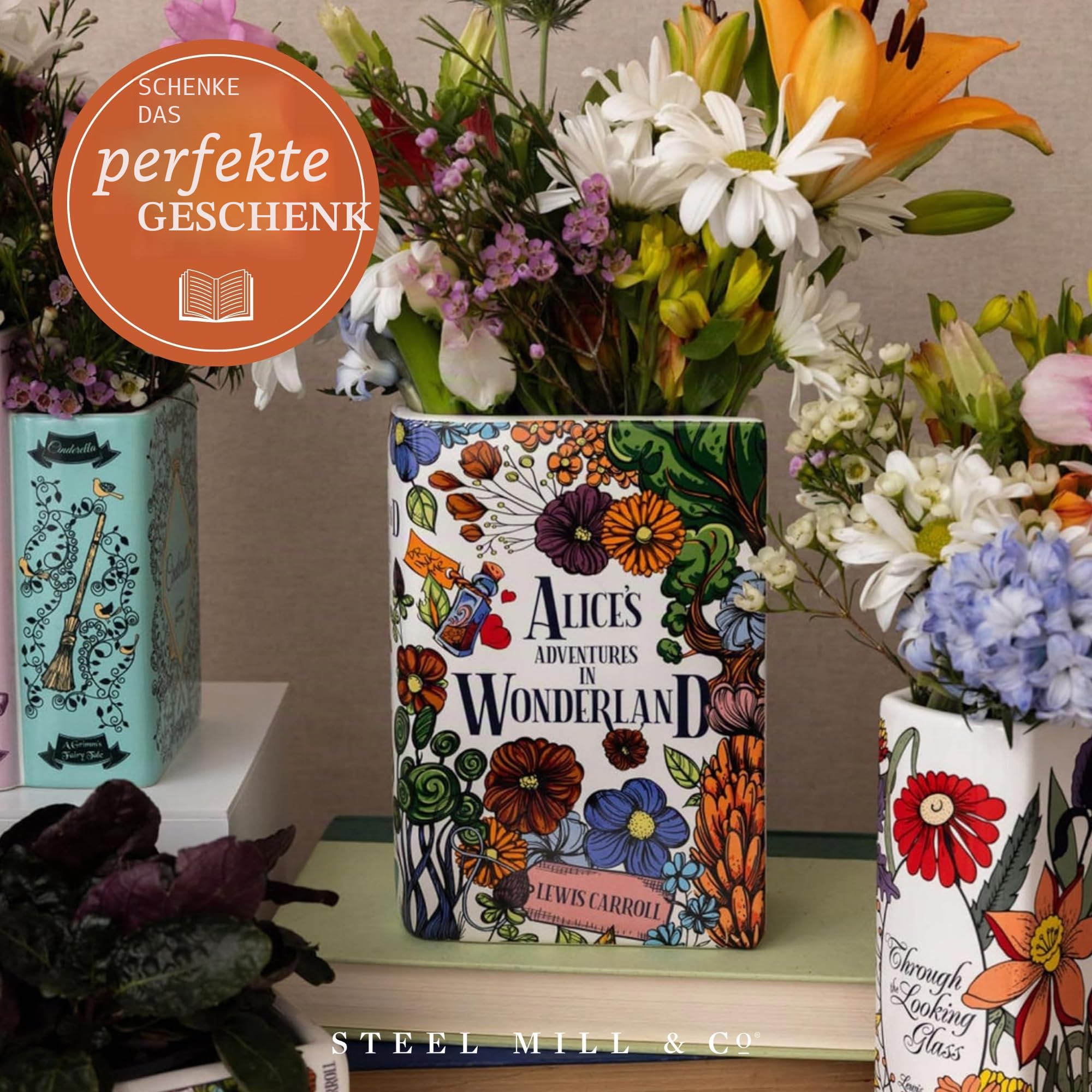 Steel Mill & Co Originelle große dekorative Vase in Buchform, Keramik, Heimdekoration, niedliche Bücherregal-Dekoration, einzigartig, für Buchliebhaber, Alice's Adventures in Wonderland - Floral